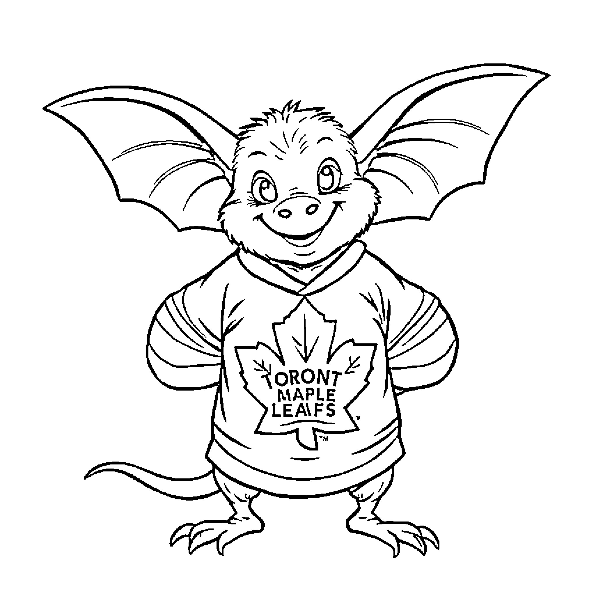 Bat wearing Toronto Maple Leafs jersey Coloring Page (free black-and-white line drawing printable PDF for all, from beginners to advanced learners, including children, teens, adults, and seniors)