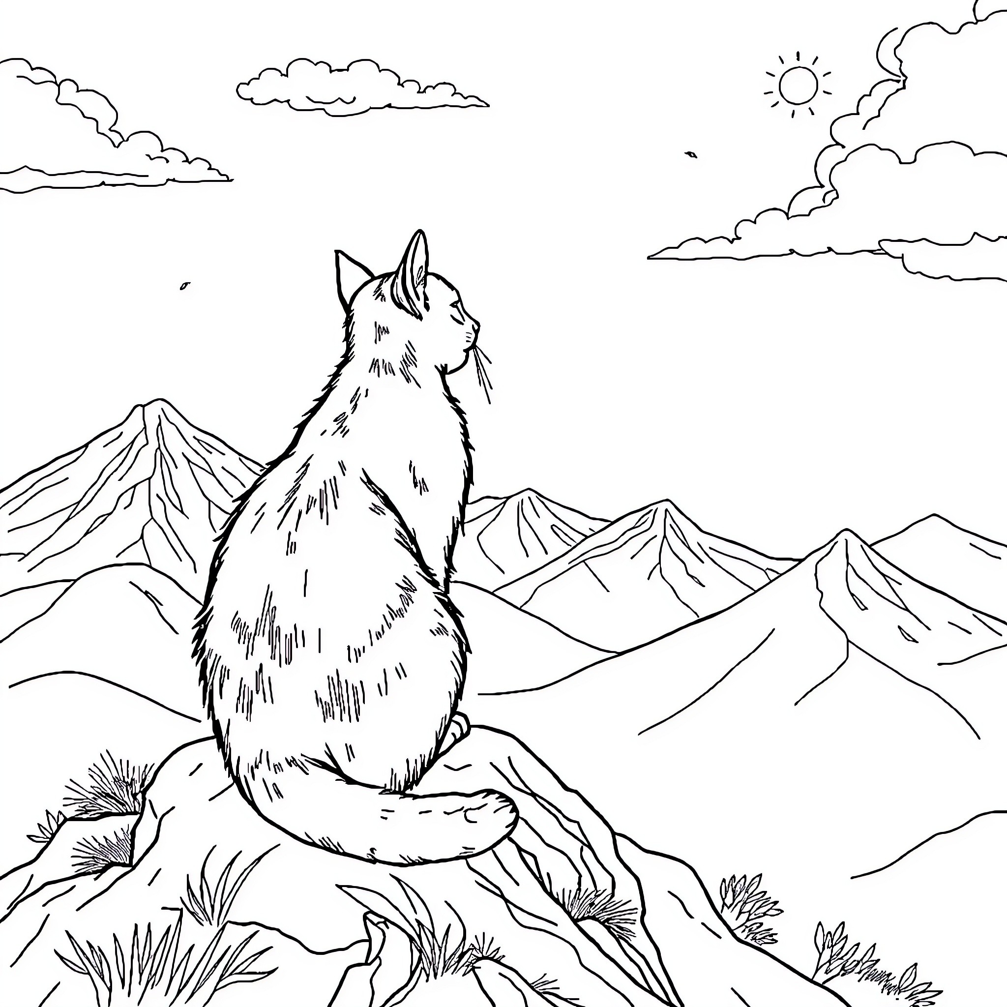 Gato overlooking the mountain landscape Coloring Page (free black-and-white line drawing printable PDF for all, from beginners to advanced learners, including children, teens, adults, and seniors)