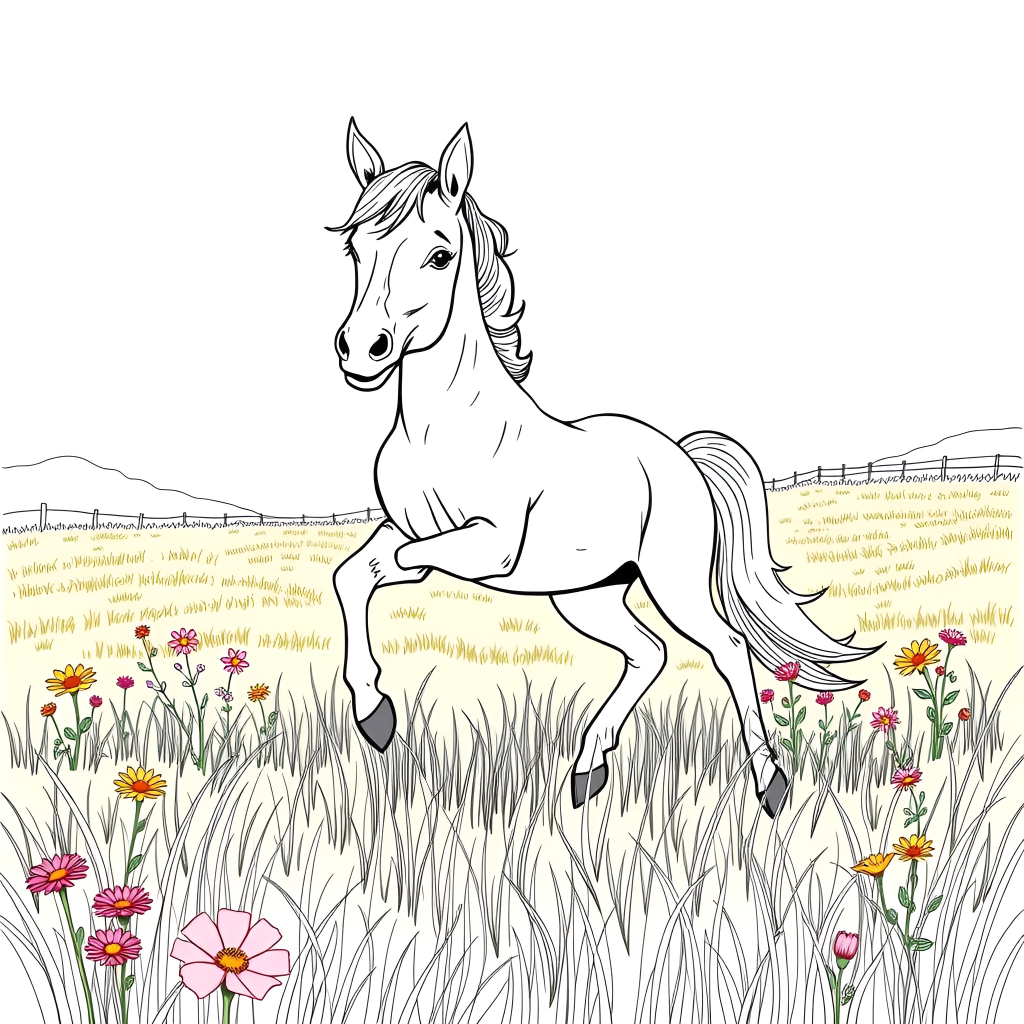 Horse galloping through a meadow with flowers Coloring Page (free black-and-white line drawing printable PDF for all, from beginners to advanced learners, including children, teens, adults, and seniors)