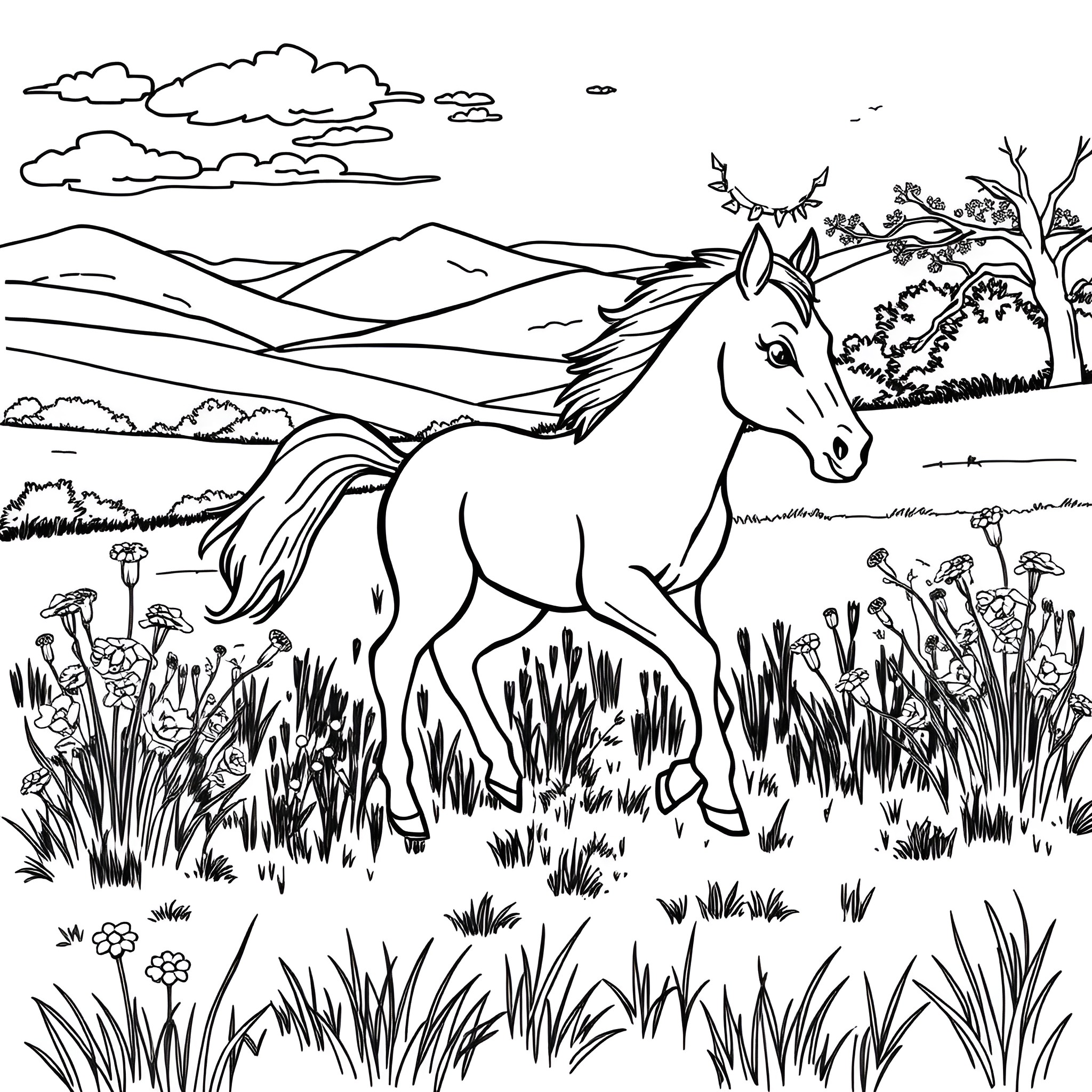 Baby Horse Exploring the Scenic Landscape Coloring Page (free black-and-white line drawing printable PDF for all, from beginners to advanced learners, including children, teens, adults, and seniors)