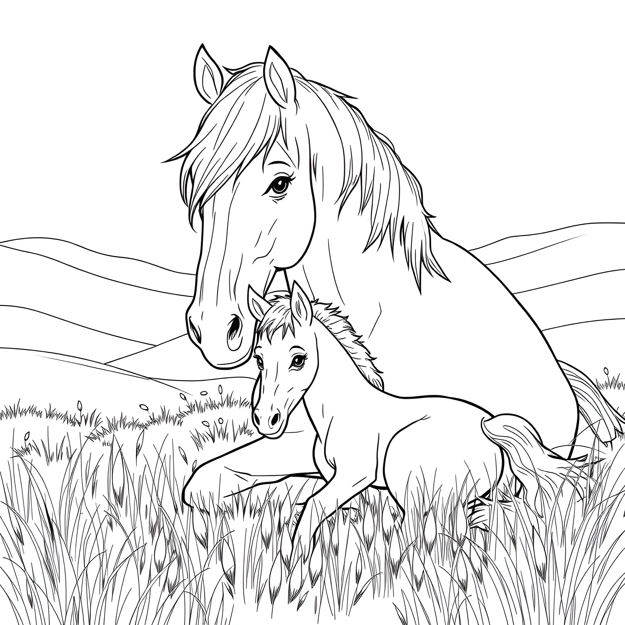 Horse and Foal in Grassy Field Coloring Page (free black-and-white line drawing printable PDF for all, from beginners to advanced learners, including children, teens, adults, and seniors)
