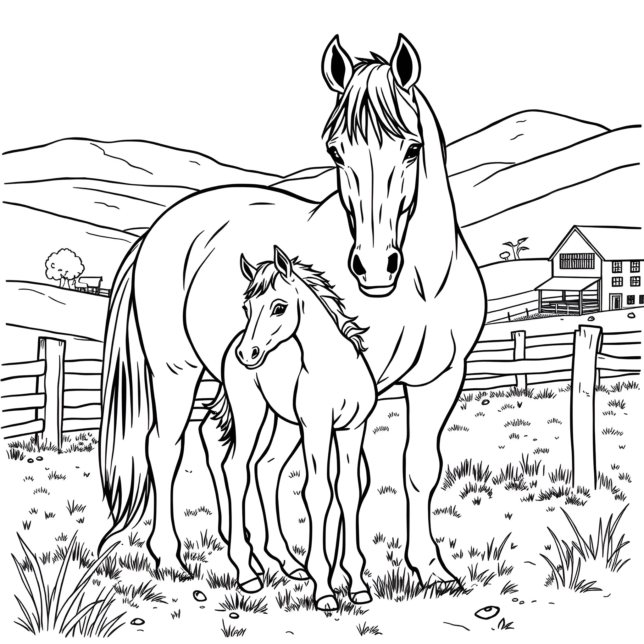 Horses standing together in a rural landscape Coloring Page (free black-and-white line drawing printable PDF for all, from beginners to advanced learners, including children, teens, adults, and seniors)