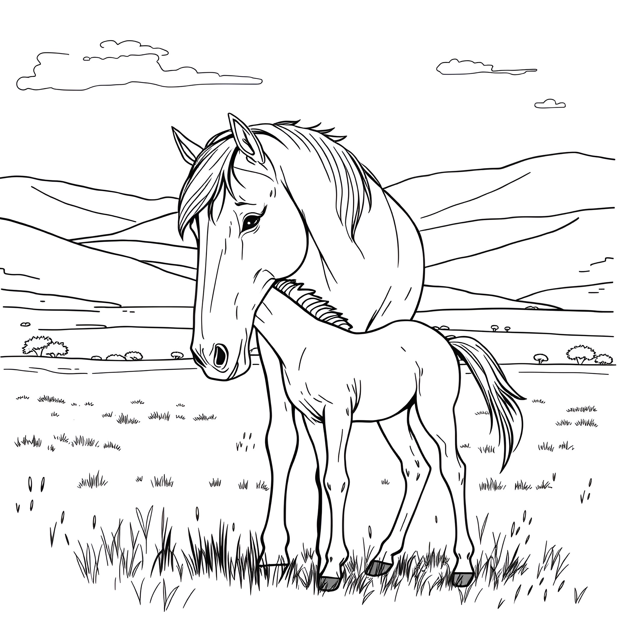 Horse standing in a scenic meadow Coloring Page (free black-and-white line drawing printable PDF for all, from beginners to advanced learners, including children, teens, adults, and seniors)