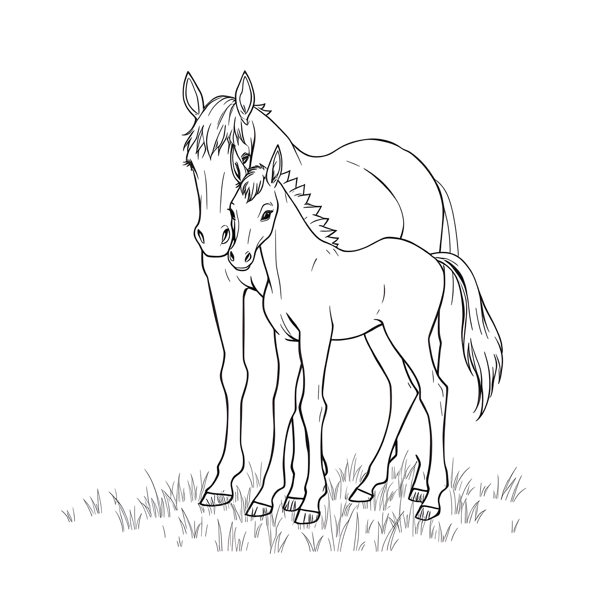 Horses standing together in the field Coloring Page (free black-and-white line drawing printable PDF for all, from beginners to advanced learners, including children, teens, adults, and seniors)
