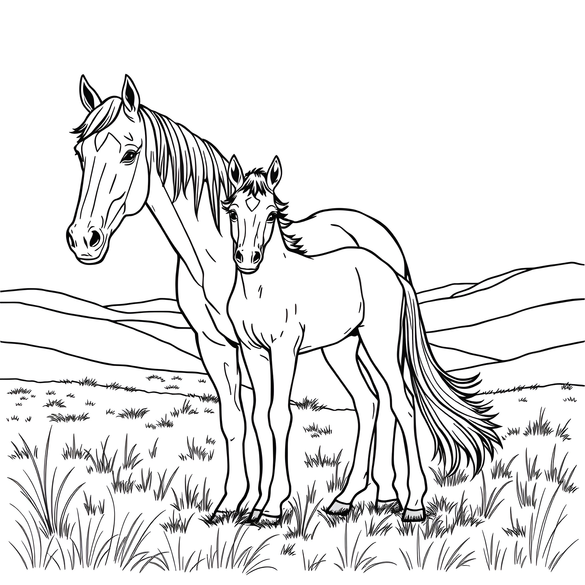 Horse pair grazing peacefully in the meadow Coloring Page (free black-and-white line drawing printable PDF for all, from beginners to advanced learners, including children, teens, adults, and seniors)