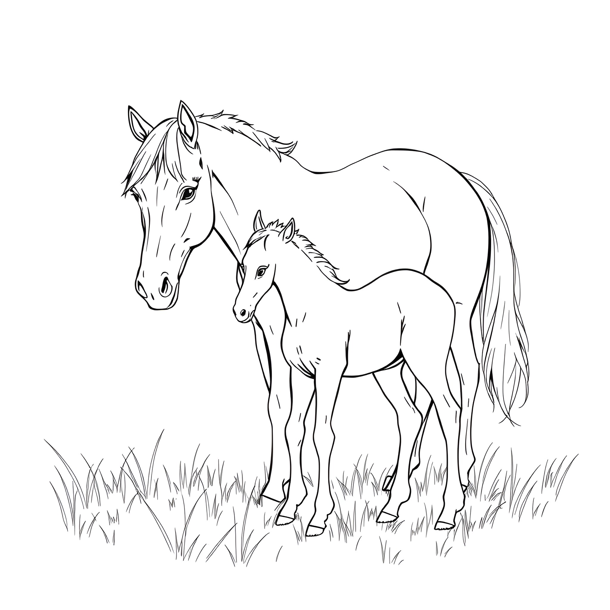 Horse and foal standing in grassy field Coloring Page (free black-and-white line drawing printable PDF for all, from beginners to advanced learners, including children, teens, adults, and seniors)
