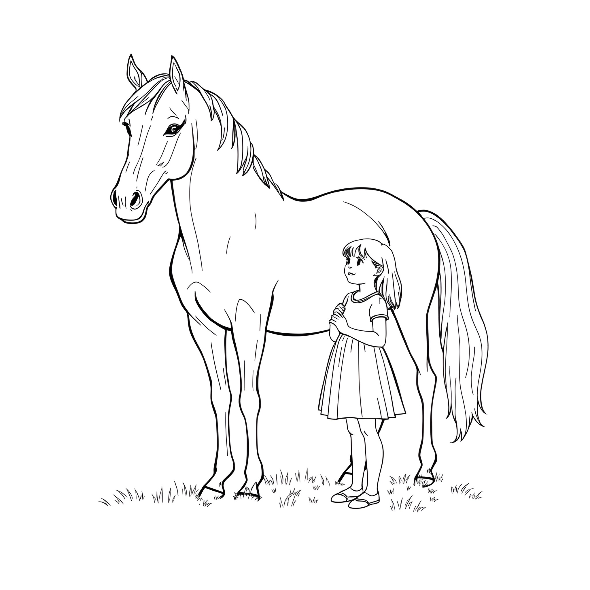 Horse and girl in a field Coloring Page (free black-and-white line drawing printable PDF for all, from beginners to advanced learners, including children, teens, adults, and seniors)