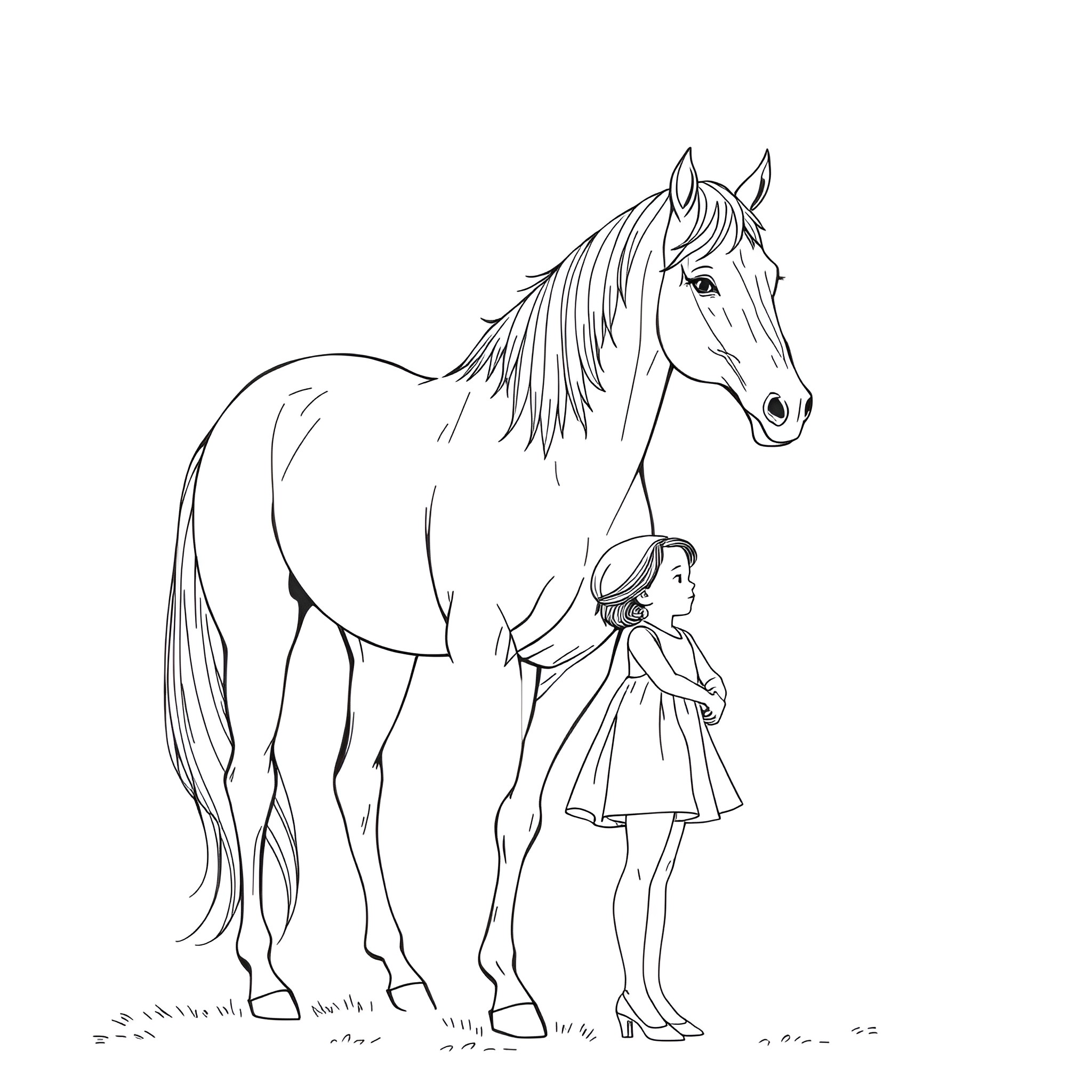 Horse and young girl standing together Coloring Page (free black-and-white line drawing printable PDF for all, from beginners to advanced learners, including children, teens, adults, and seniors)