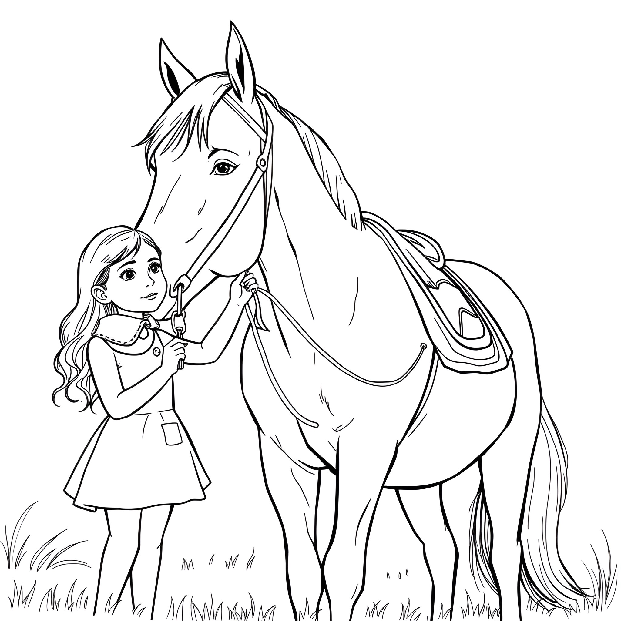 Girl interacting affectionately with her horse Coloring Page (free black-and-white line drawing printable PDF for all, from beginners to advanced learners, including children, teens, adults, and seniors)