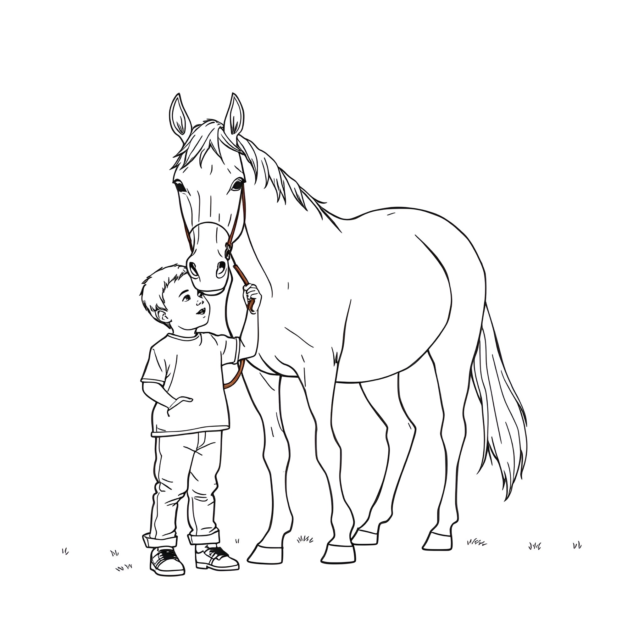 Child petting and interacting with a horse Coloring Page (free black-and-white line drawing printable PDF for all, from beginners to advanced learners, including children, teens, adults, and seniors)