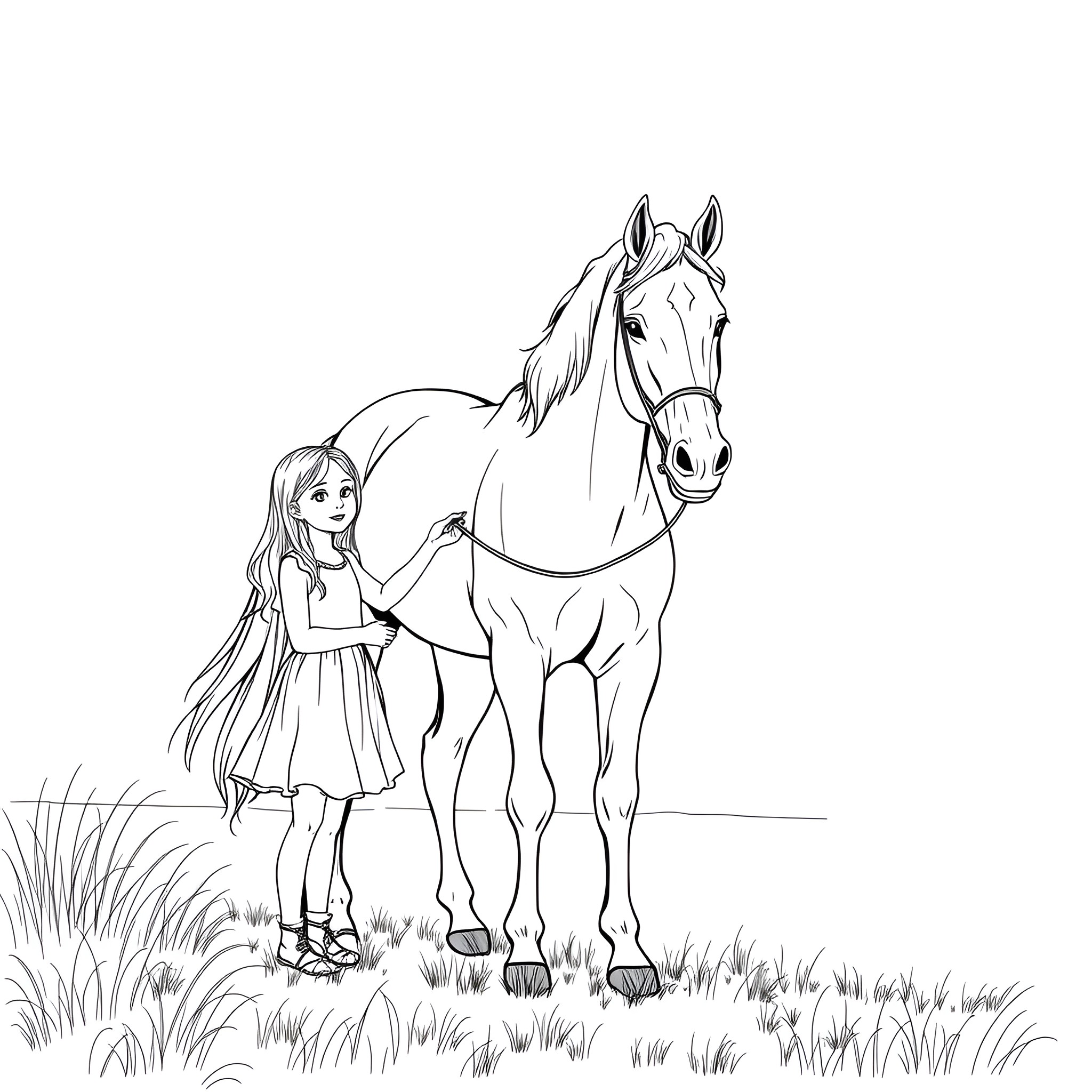 Girl and her horse in the field Coloring Page (free black-and-white line drawing printable PDF for all, from beginners to advanced learners, including children, teens, adults, and seniors)