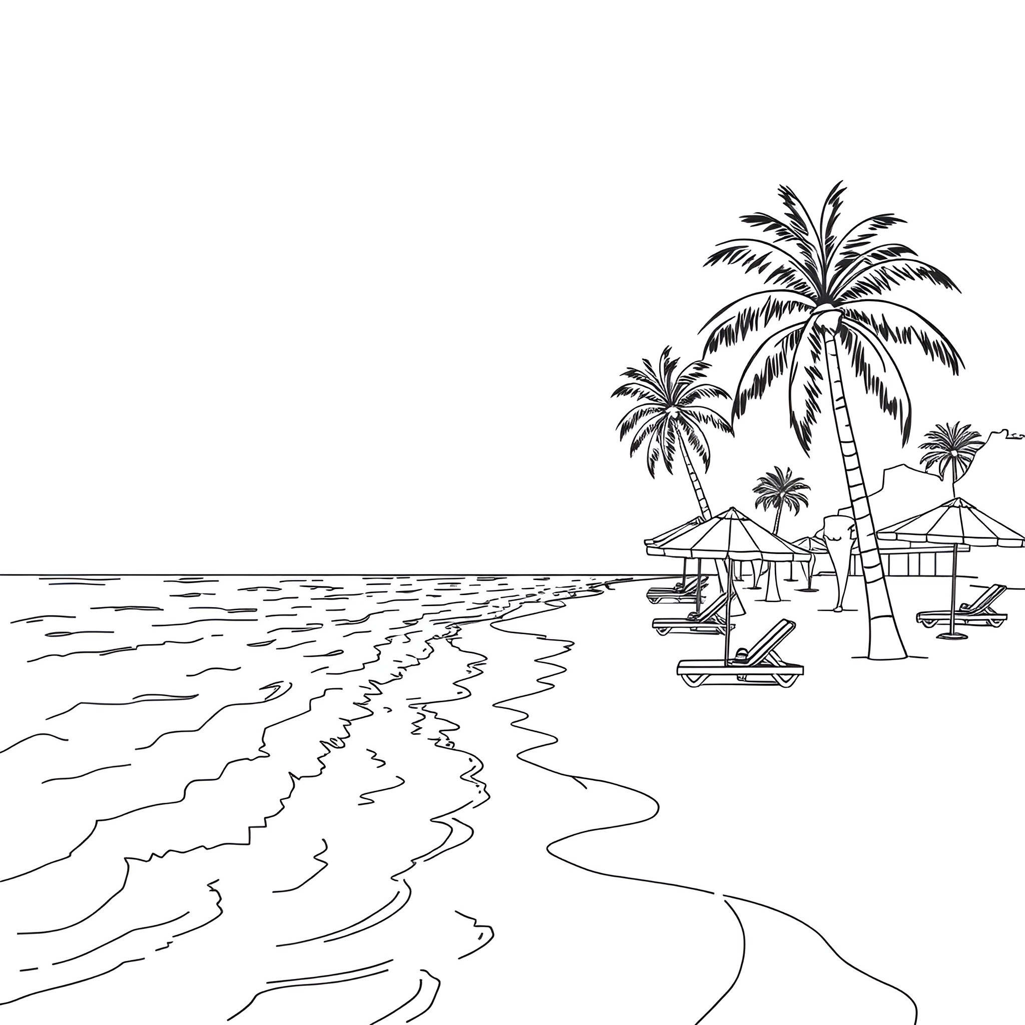 Summer beach scene with palm trees and umbrellas Coloring Page (free black-and-white line drawing printable PDF for all, from beginners to advanced learners, including children, teens, adults, and seniors)