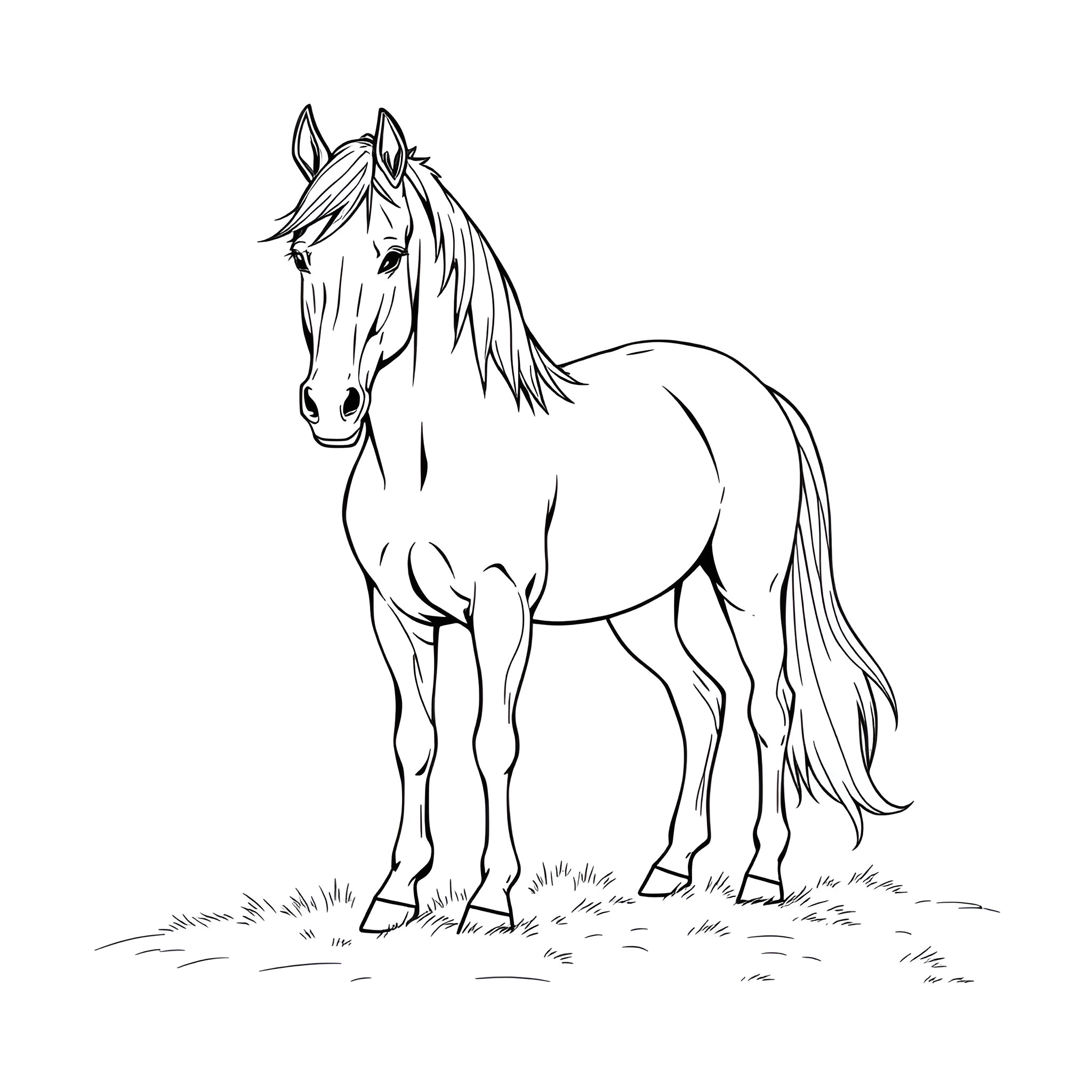 Pony standing gracefully in a field Coloring Page (free black-and-white line drawing printable PDF for all, from beginners to advanced learners, including children, teens, adults, and seniors)