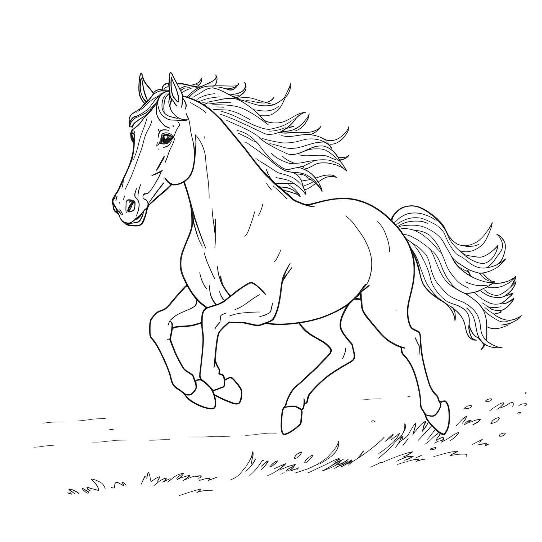 Horse galloping freely in the meadow Coloring Page (free black-and-white line drawing printable PDF for all, from beginners to advanced learners, including children, teens, adults, and seniors)