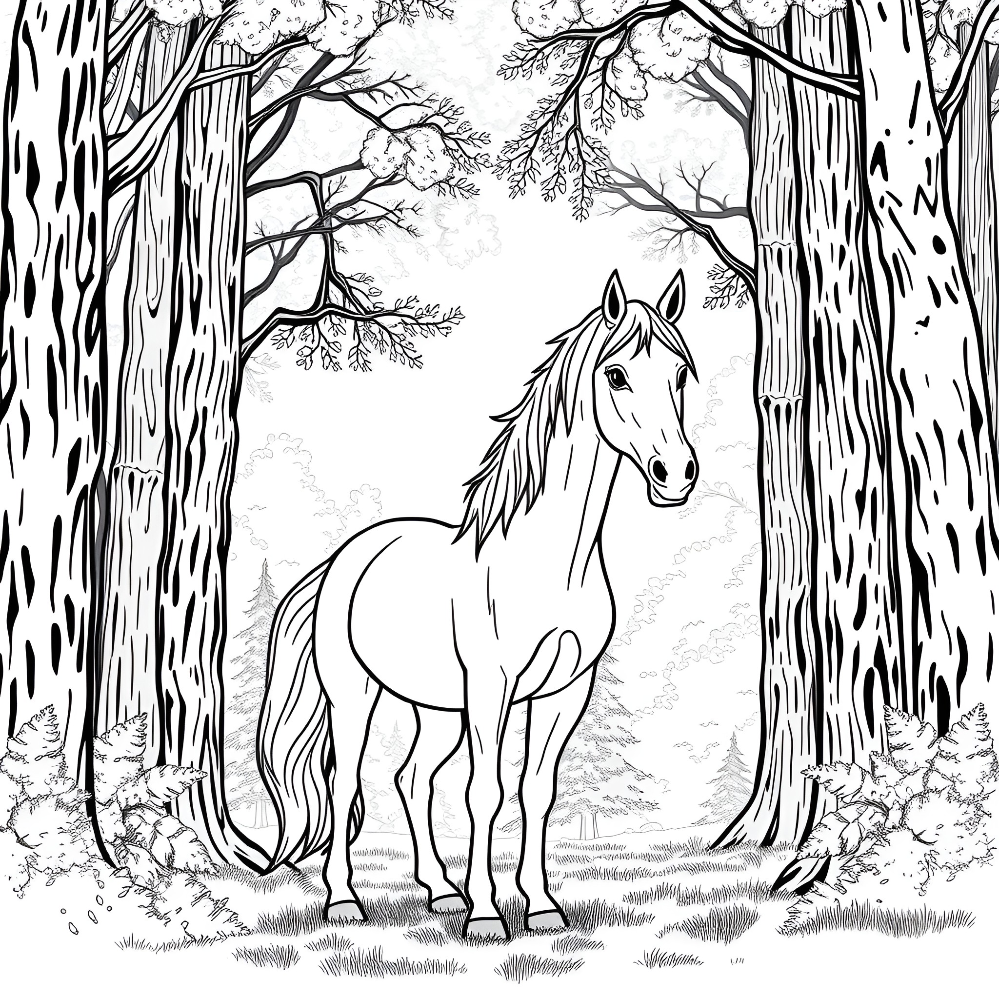 Horse in the Enchanted Forest Coloring Page (free black-and-white line drawing printable PDF for all, from beginners to advanced learners, including children, teens, adults, and seniors)