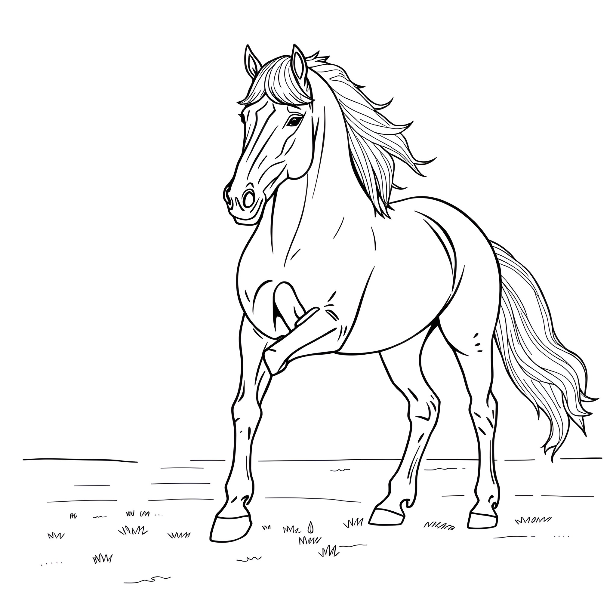 Drag Horse Running Gracefully Through the Field Coloring Page (free black-and-white line drawing printable PDF for all, from beginners to advanced learners, including children, teens, adults, and seniors)