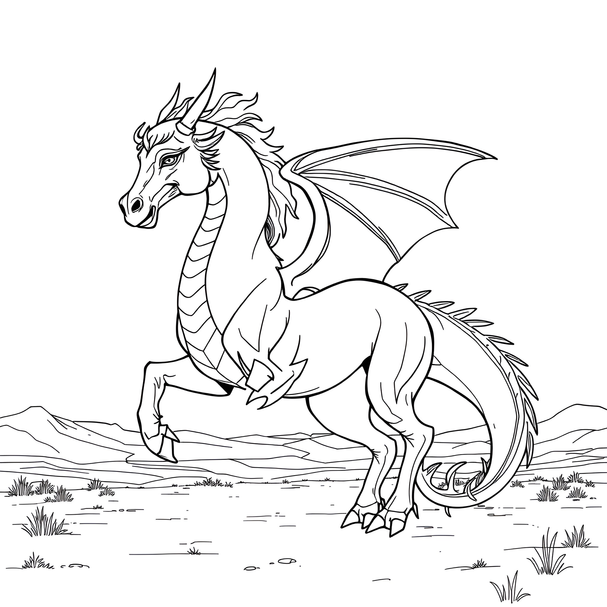 Drag Horse Soaring in Majestic Landscape Coloring Page (free black-and-white line drawing printable PDF for all, from beginners to advanced learners, including children, teens, adults, and seniors)