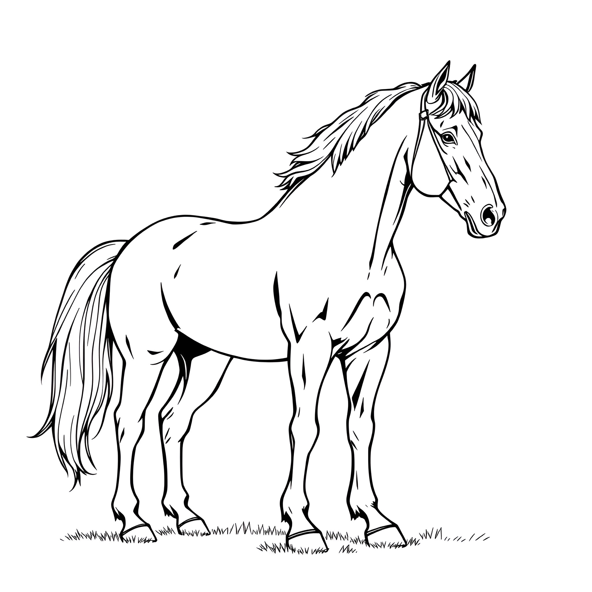 Drag Horse in Elegant Pose on Grassy Field Coloring Page (free black-and-white line drawing printable PDF for all, from beginners to advanced learners, including children, teens, adults, and seniors)