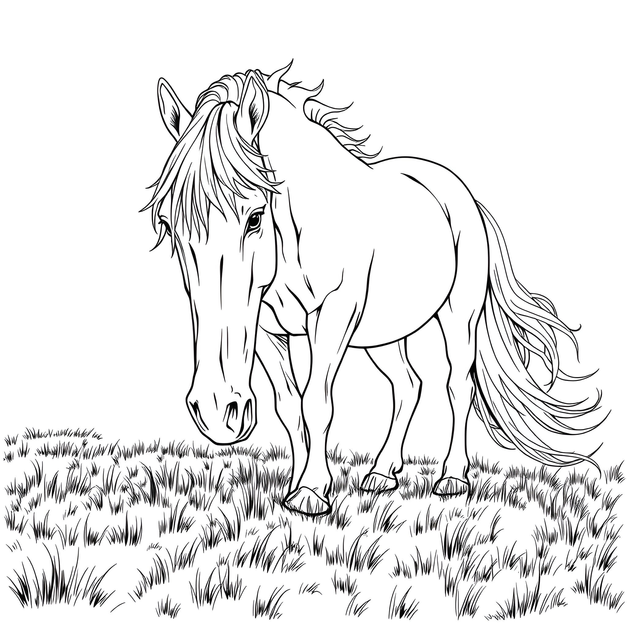 Horse grazing peacefully in a grassy field Coloring Page (free black-and-white line drawing printable PDF for all, from beginners to advanced learners, including children, teens, adults, and seniors)