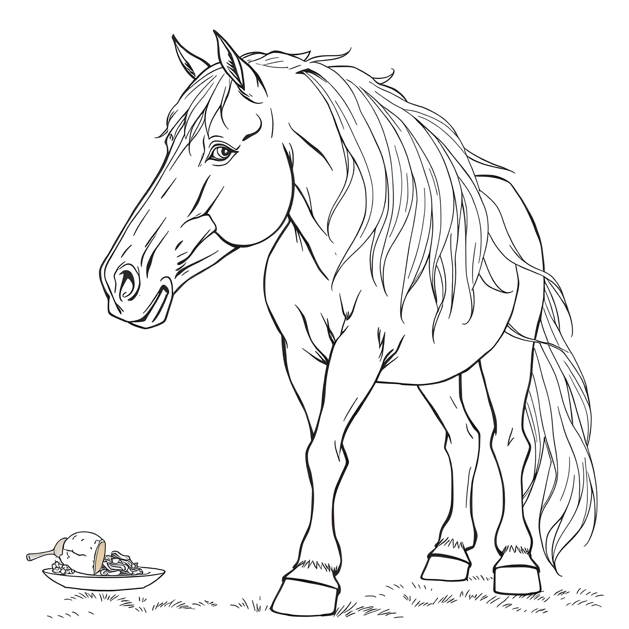 Horse standing proudly in the field Coloring Page (free black-and-white line drawing printable PDF for all, from beginners to advanced learners, including children, teens, adults, and seniors)