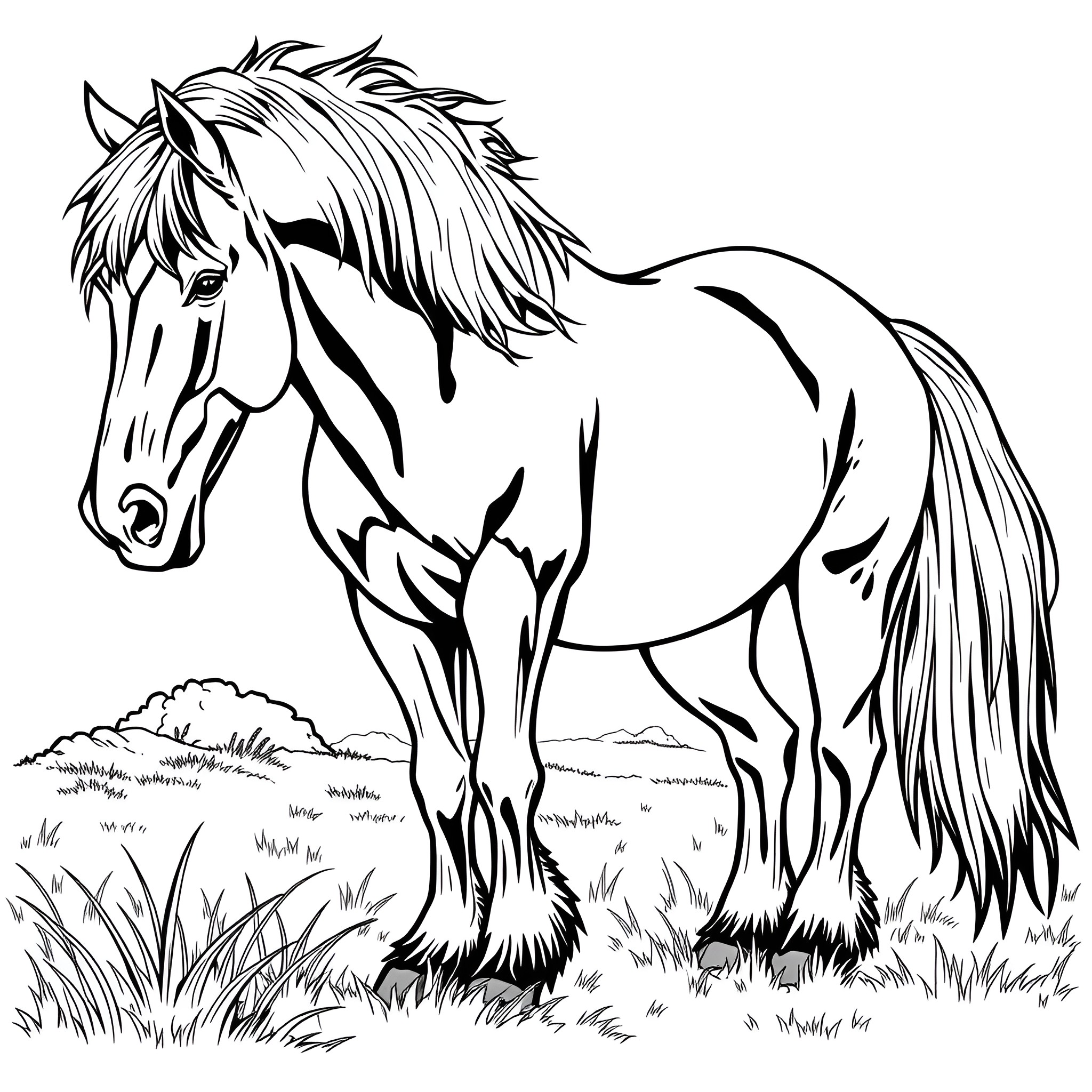 Horse grazing peacefully in the meadow Coloring Page (free black-and-white line drawing printable PDF for all, from beginners to advanced learners, including children, teens, adults, and seniors)