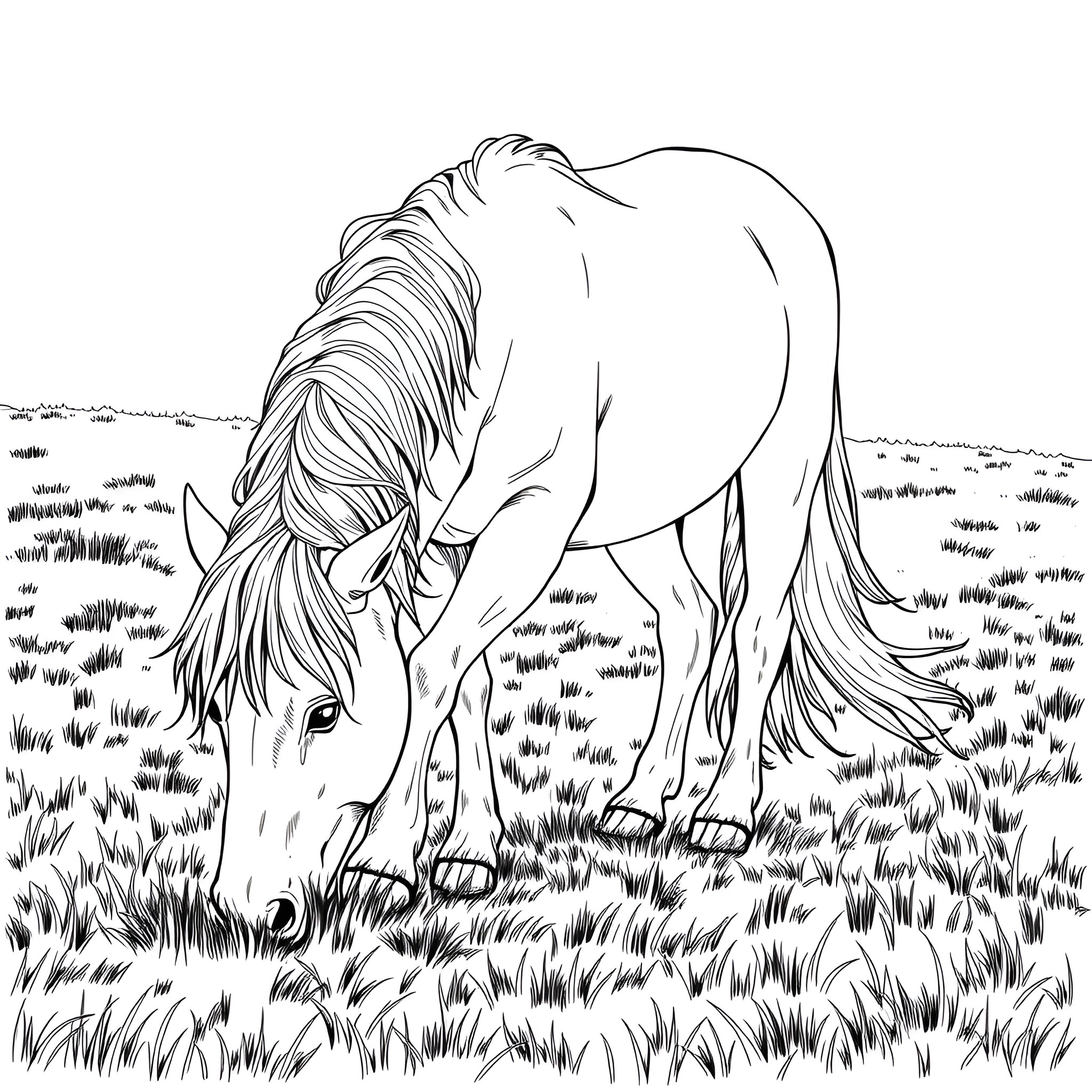Horse grazing peacefully in lush meadow Coloring Page (free black-and-white line drawing printable PDF for all, from beginners to advanced learners, including children, teens, adults, and seniors)