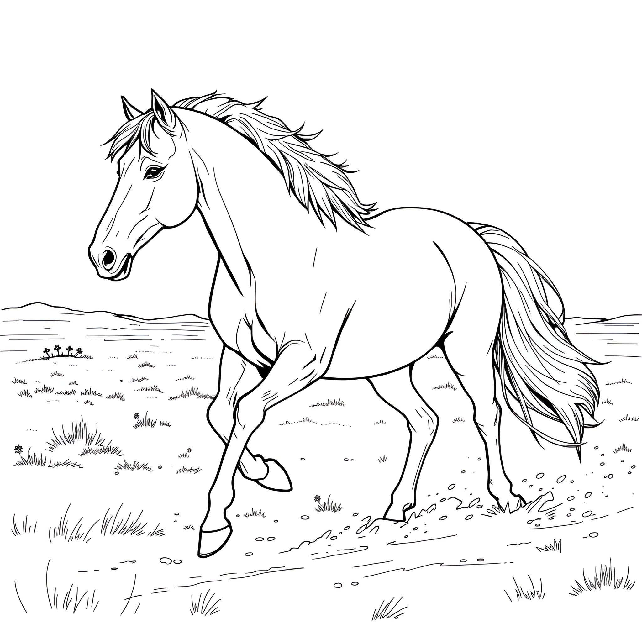 Horse running freely in the meadow Coloring Page (free black-and-white line drawing printable PDF for all, from beginners to advanced learners, including children, teens, adults, and seniors)