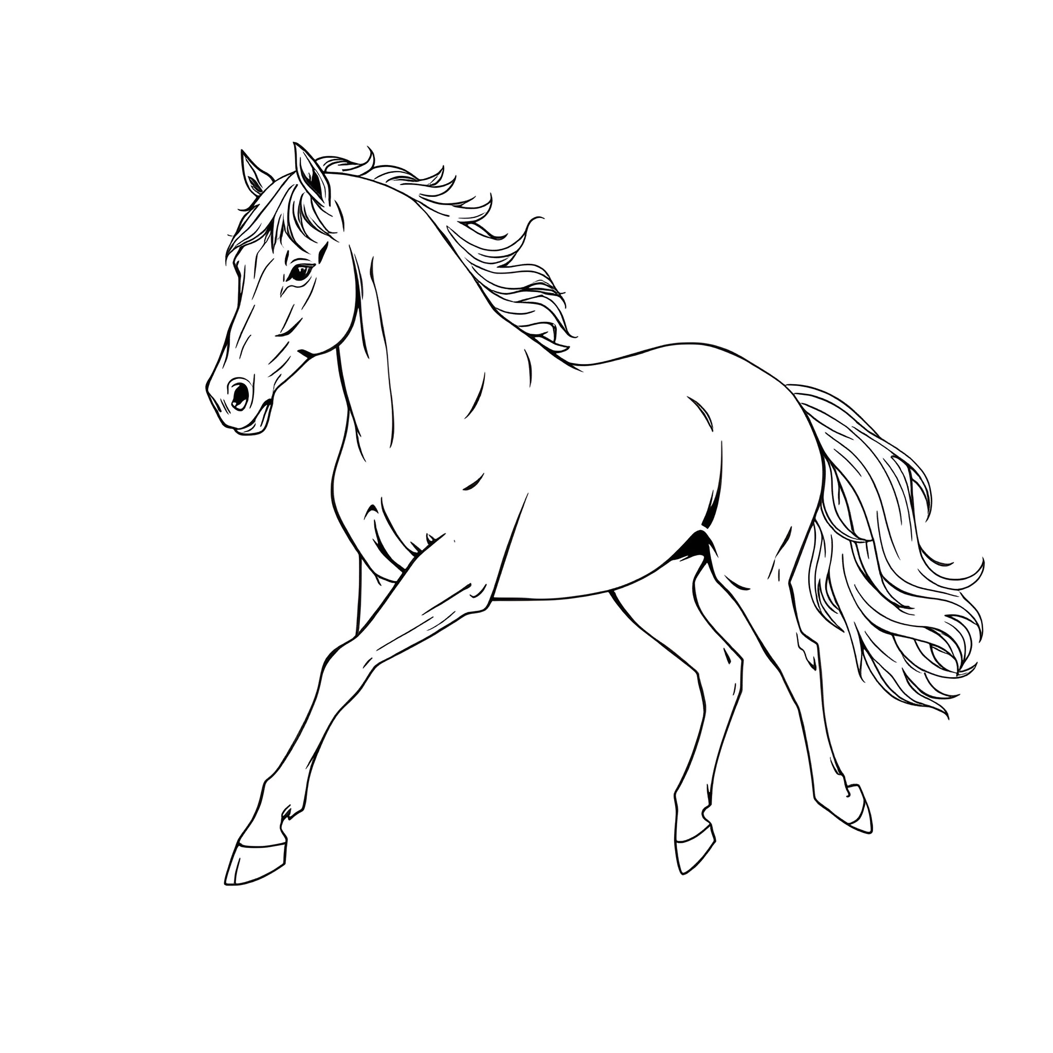 Horse running gracefully in motion Coloring Page (free black-and-white line drawing printable PDF for all, from beginners to advanced learners, including children, teens, adults, and seniors)