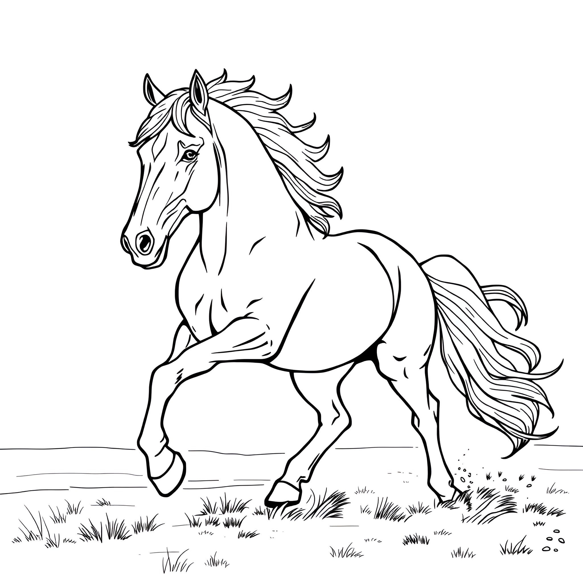 Horse galloping in the field Coloring Page (free black-and-white line drawing printable PDF for all, from beginners to advanced learners, including children, teens, adults, and seniors)