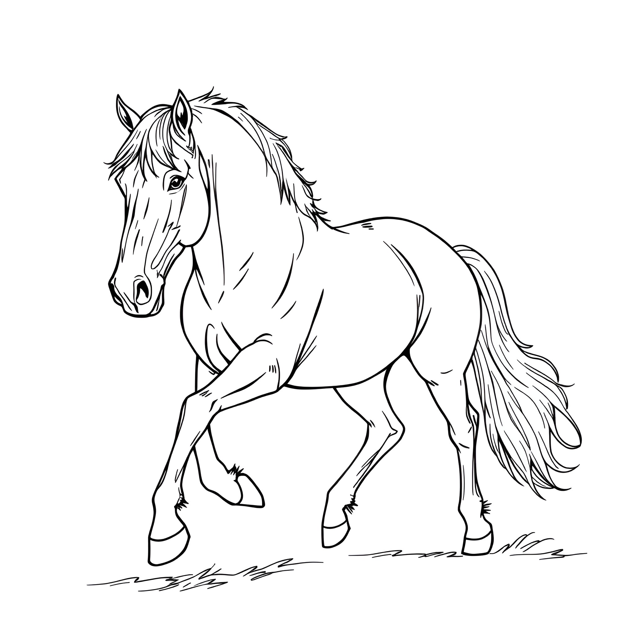 Horse galloping in the field Coloring Page (free black-and-white line drawing printable PDF for all, from beginners to advanced learners, including children, teens, adults, and seniors)