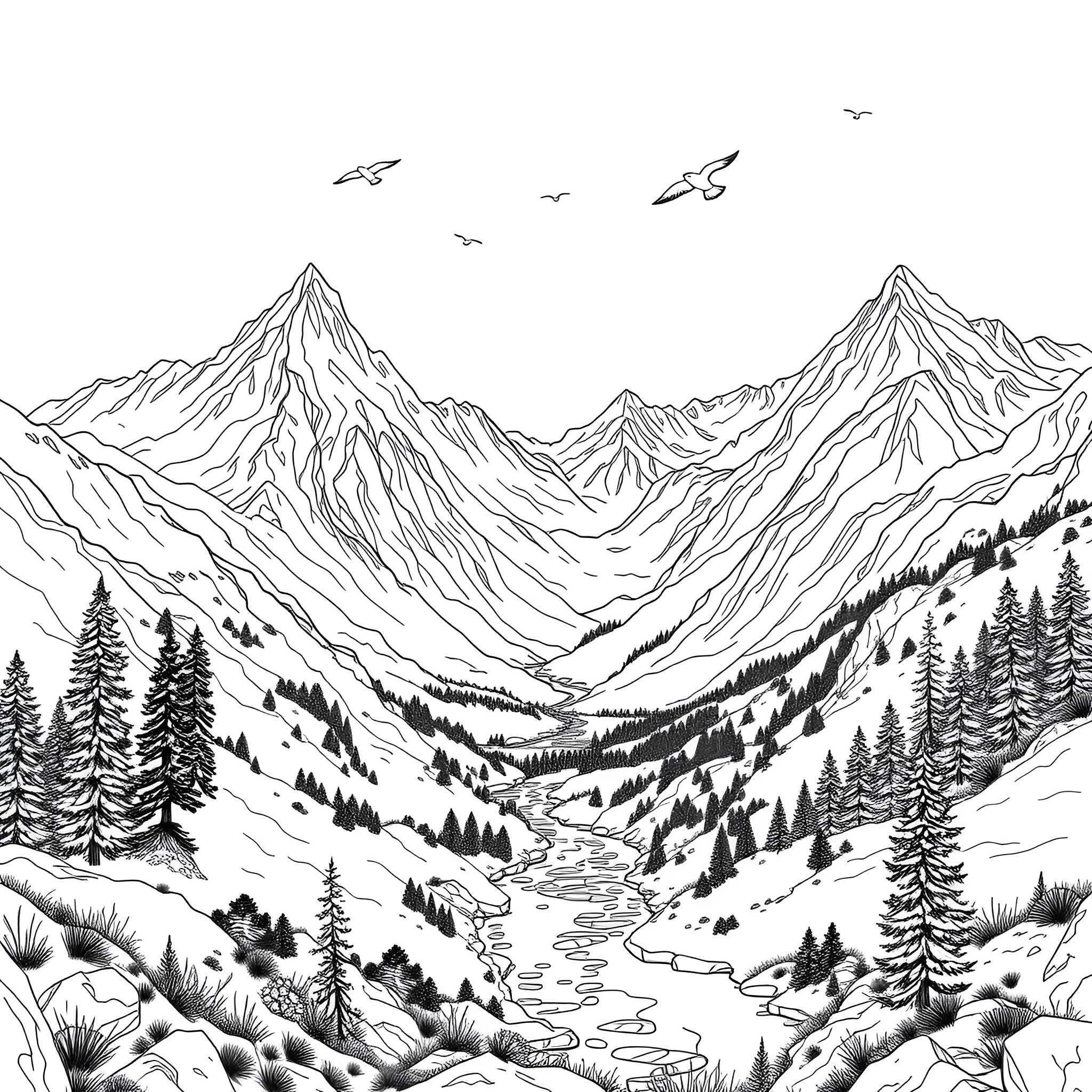 Mountain landscape with snowy peaks and alpine valley Coloring Page (free black-and-white line drawing printable PDF for all, from beginners to advanced learners, including children, teens, adults, and seniors)