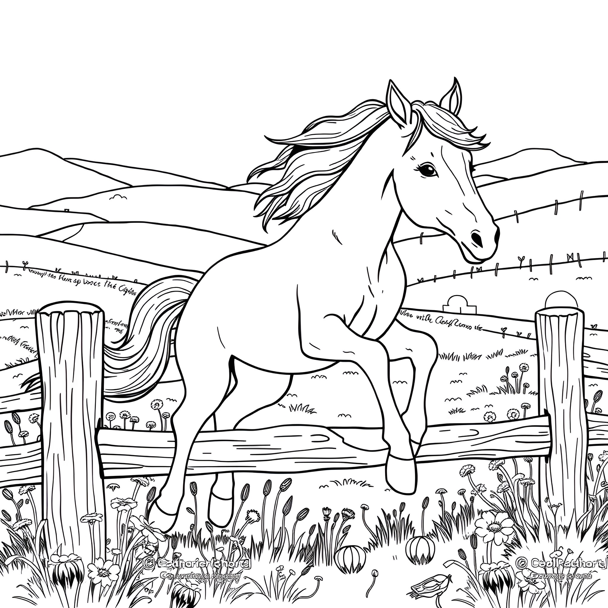 Horse galloping freely in a rural landscape Coloring Page (free black-and-white line drawing printable PDF for all, from beginners to advanced learners, including children, teens, adults, and seniors)