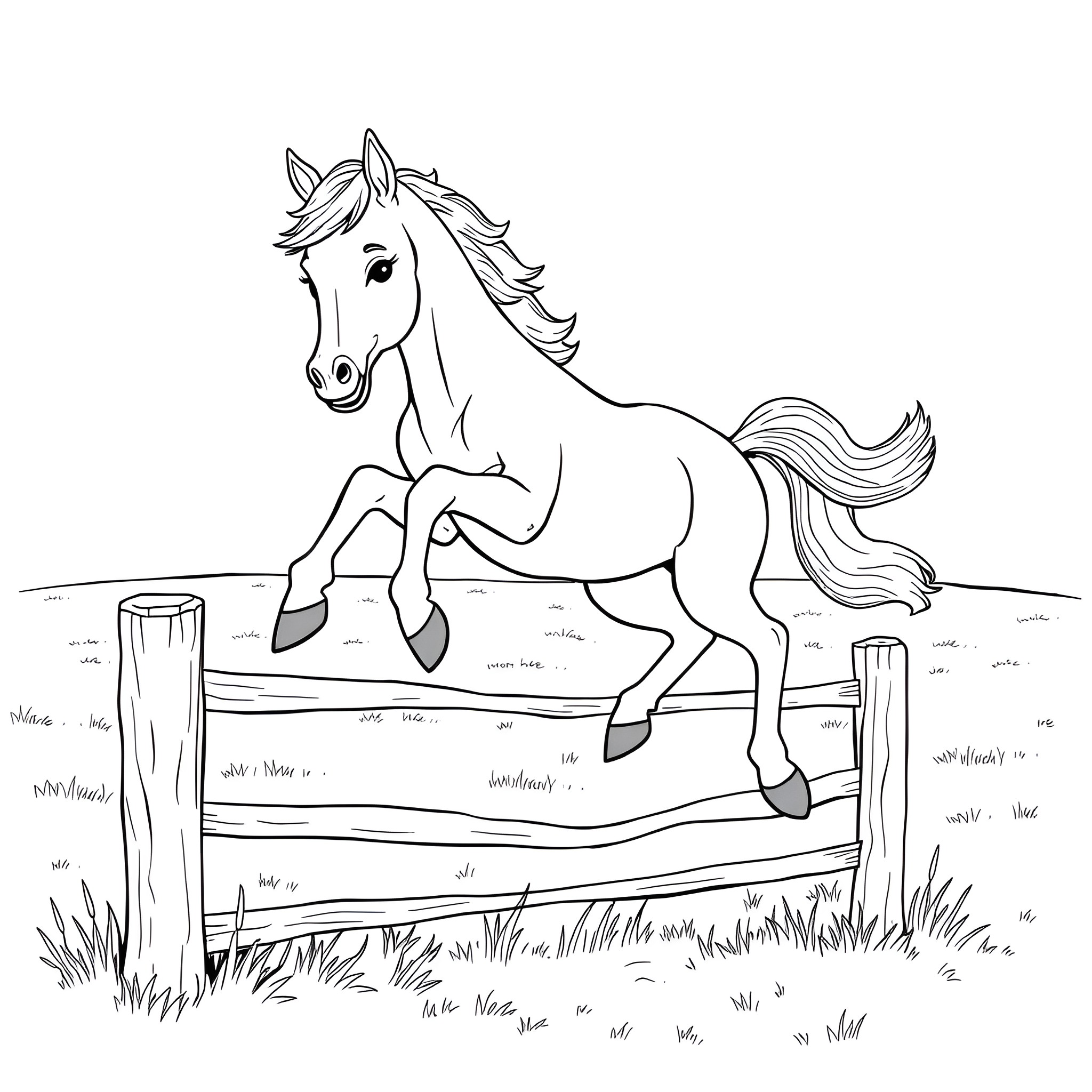 Horse Jumping Over Fence in Pasture Coloring Page (free black-and-white line drawing printable PDF for all, from beginners to advanced learners, including children, teens, adults, and seniors)