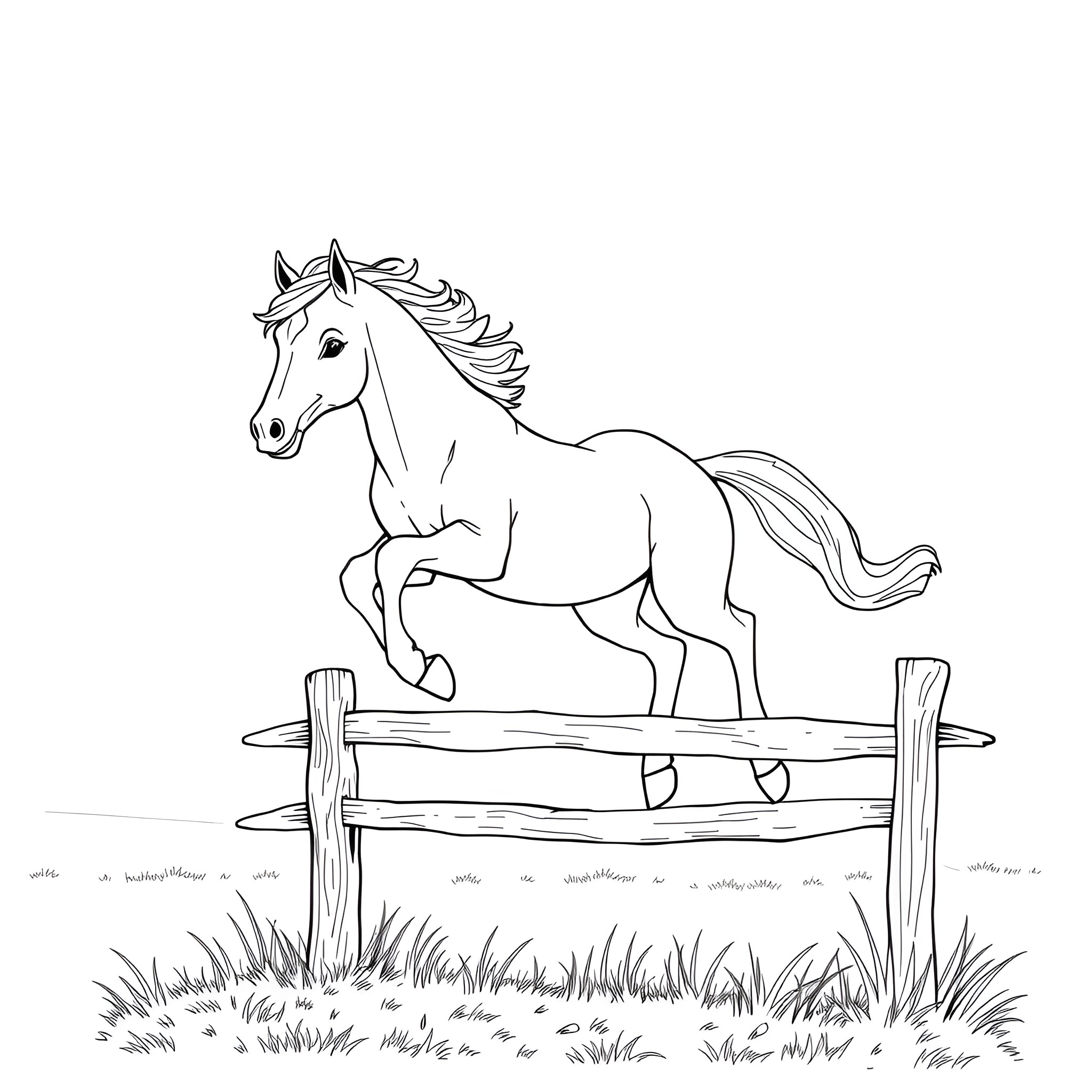 Horse jumping over fence in the countryside Coloring Page (free black-and-white line drawing printable PDF for all, from beginners to advanced learners, including children, teens, adults, and seniors)