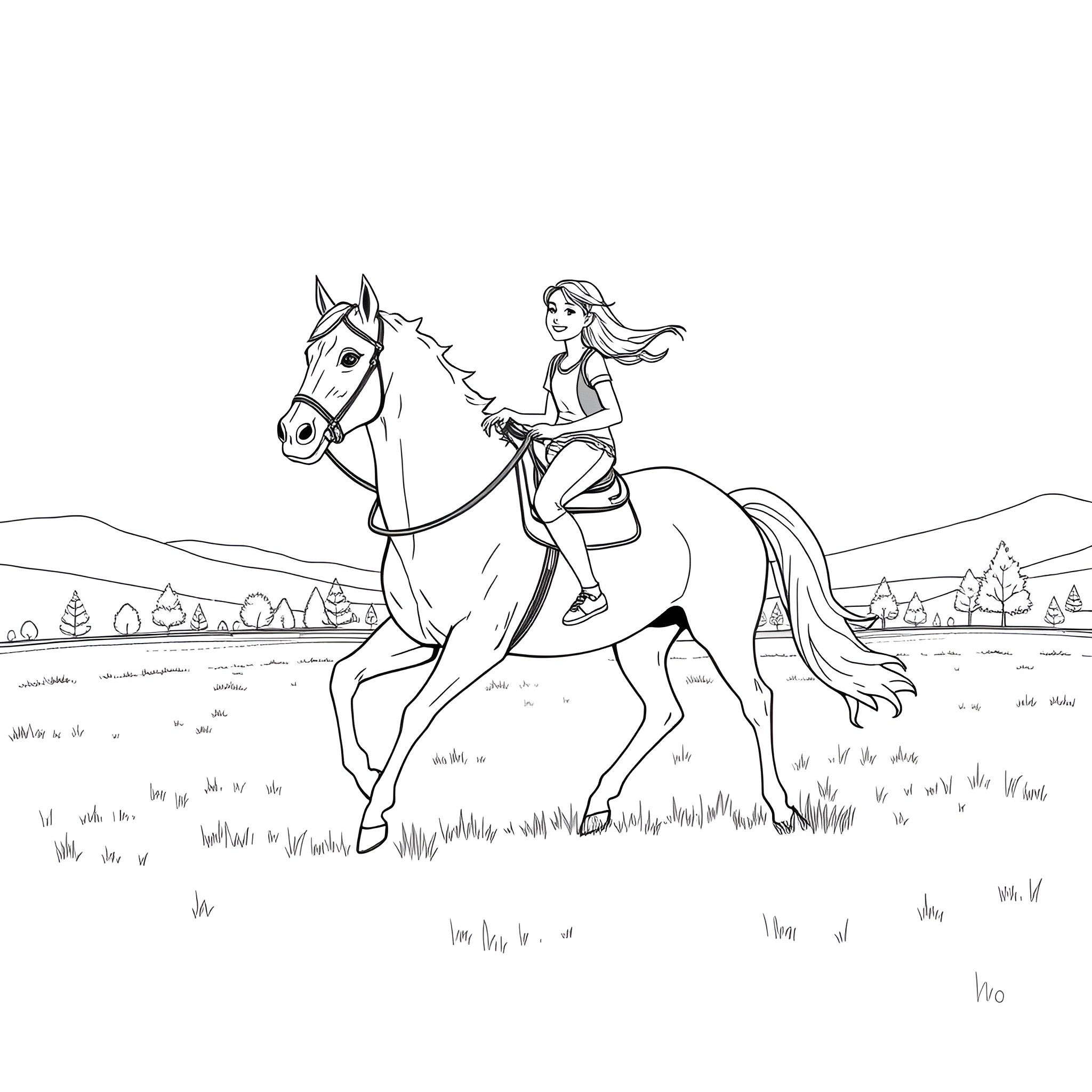 Teen girl riding horse across grassy field Coloring Page (free black-and-white line drawing printable PDF for all, from beginners to advanced learners, including children, teens, adults, and seniors)