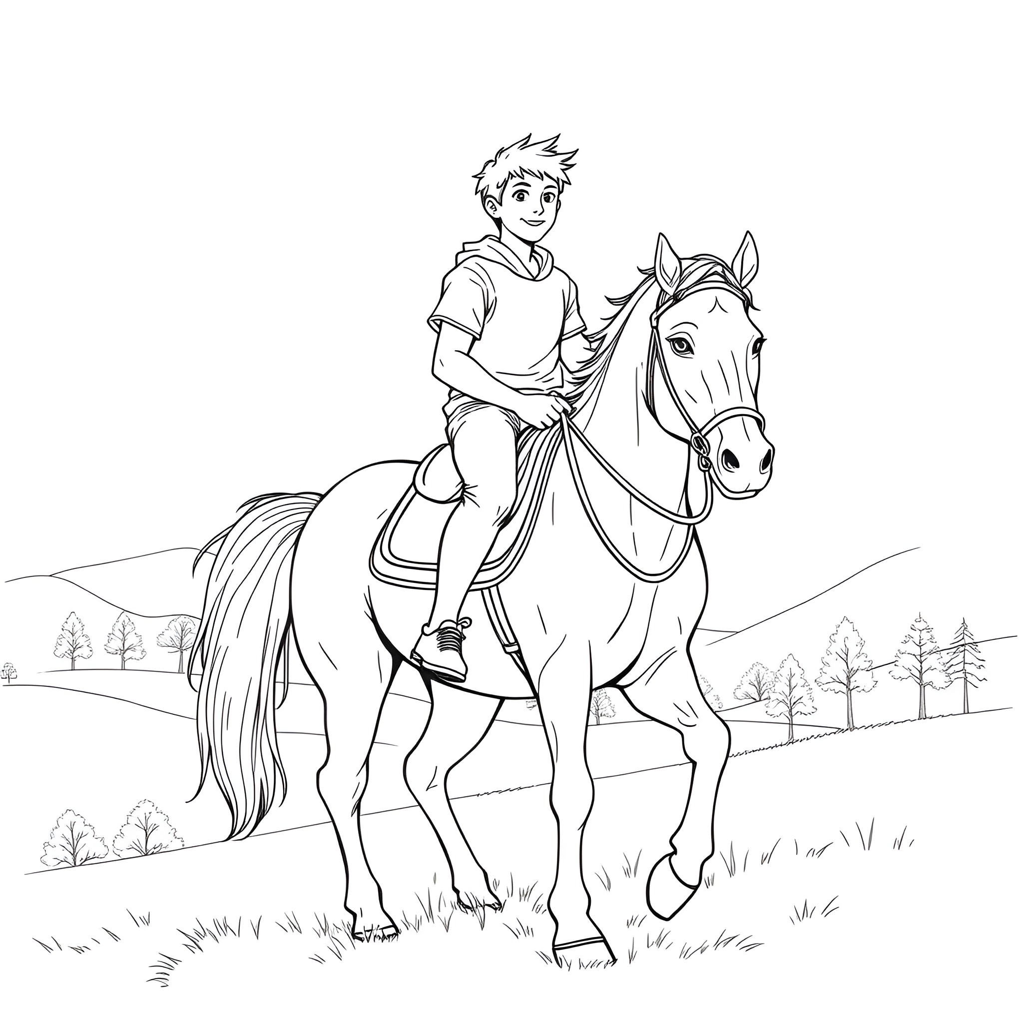 Teen Boy Riding Horse on Countryside Landscape Coloring Page (free black-and-white line drawing printable PDF for all, from beginners to advanced learners, including children, teens, adults, and seniors)