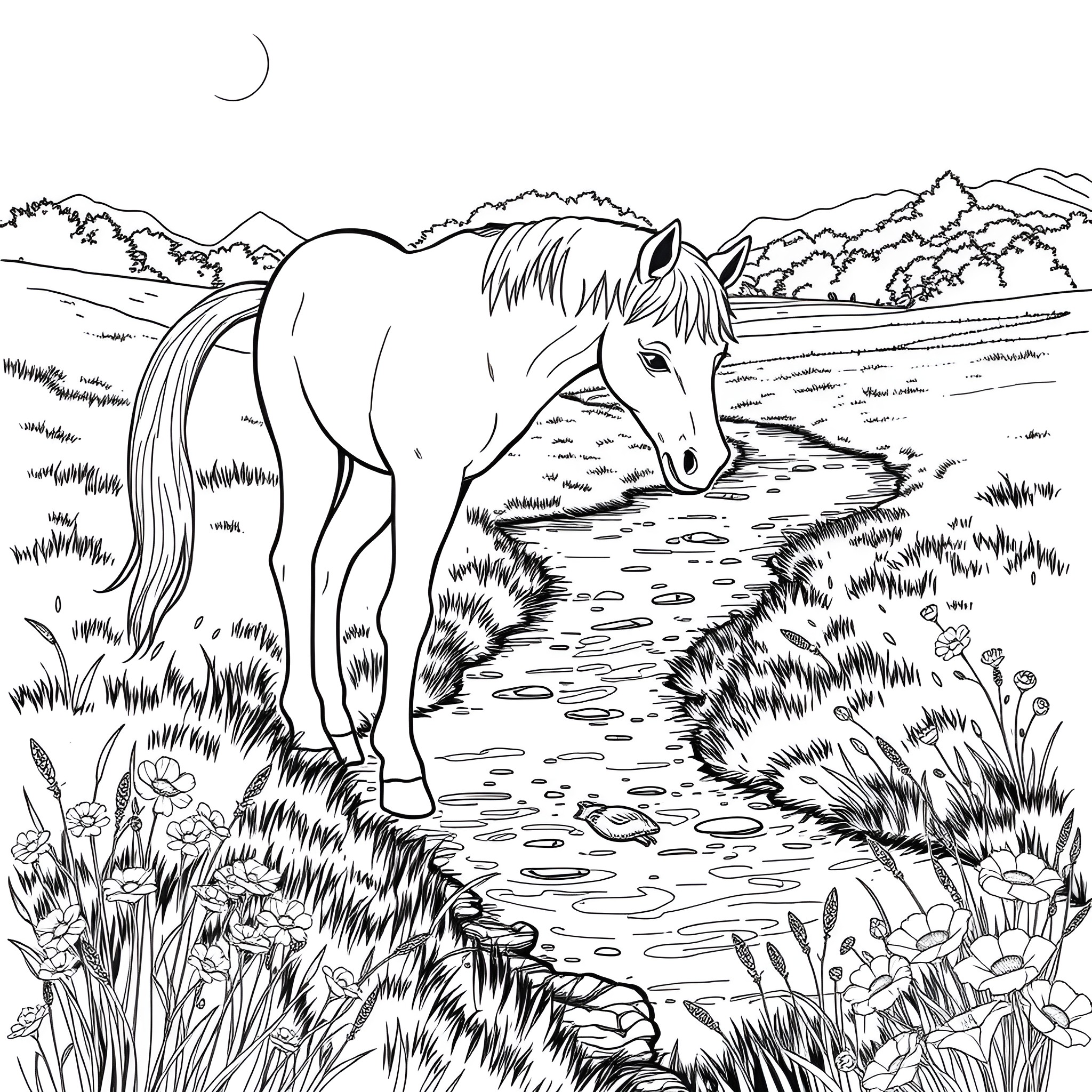 Horse standing in a tranquil meadow Coloring Page (free black-and-white line drawing printable PDF for all, from beginners to advanced learners, including children, teens, adults, and seniors)