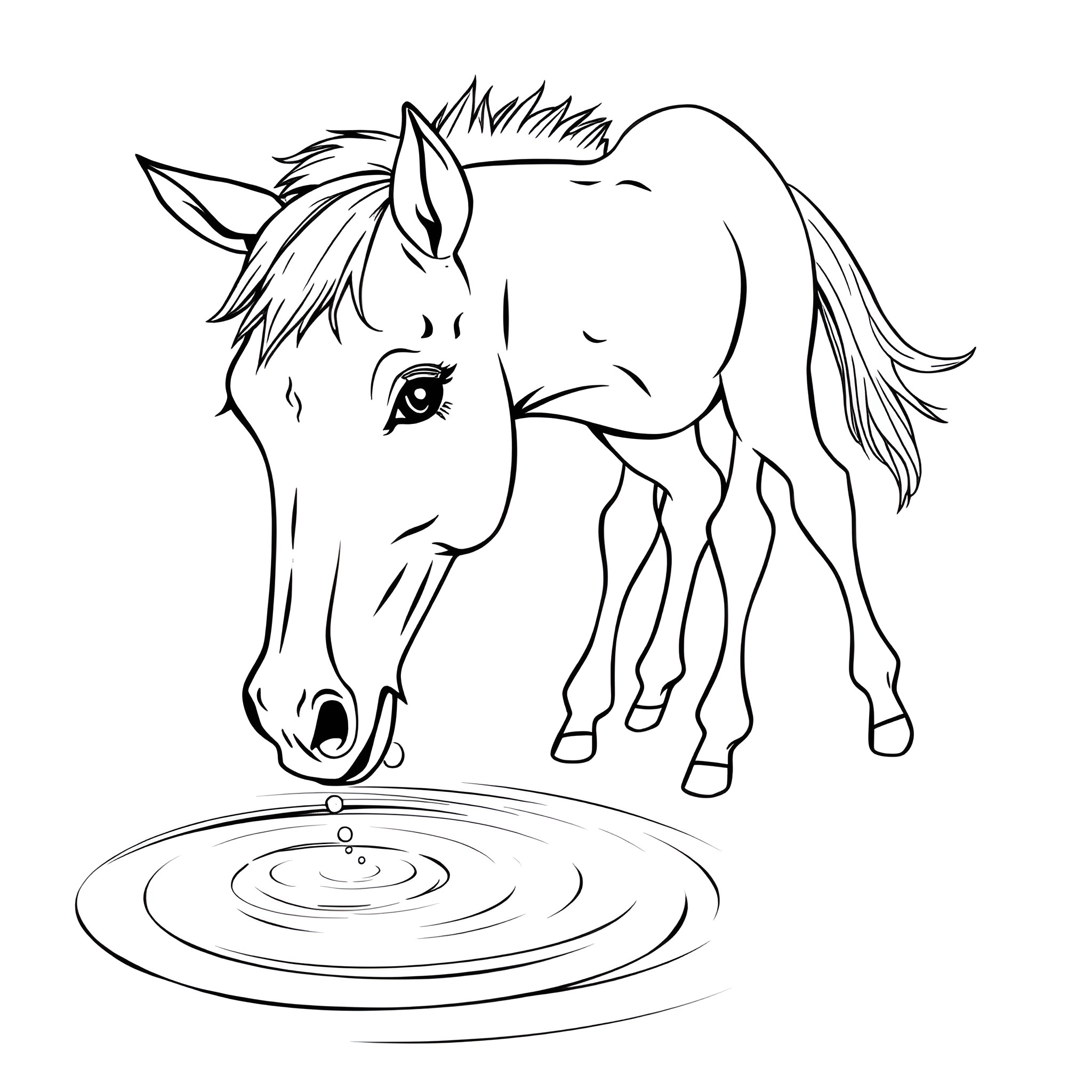 Horse drinking water from a pond Coloring Page (free black-and-white line drawing printable PDF for all, from beginners to advanced learners, including children, teens, adults, and seniors)