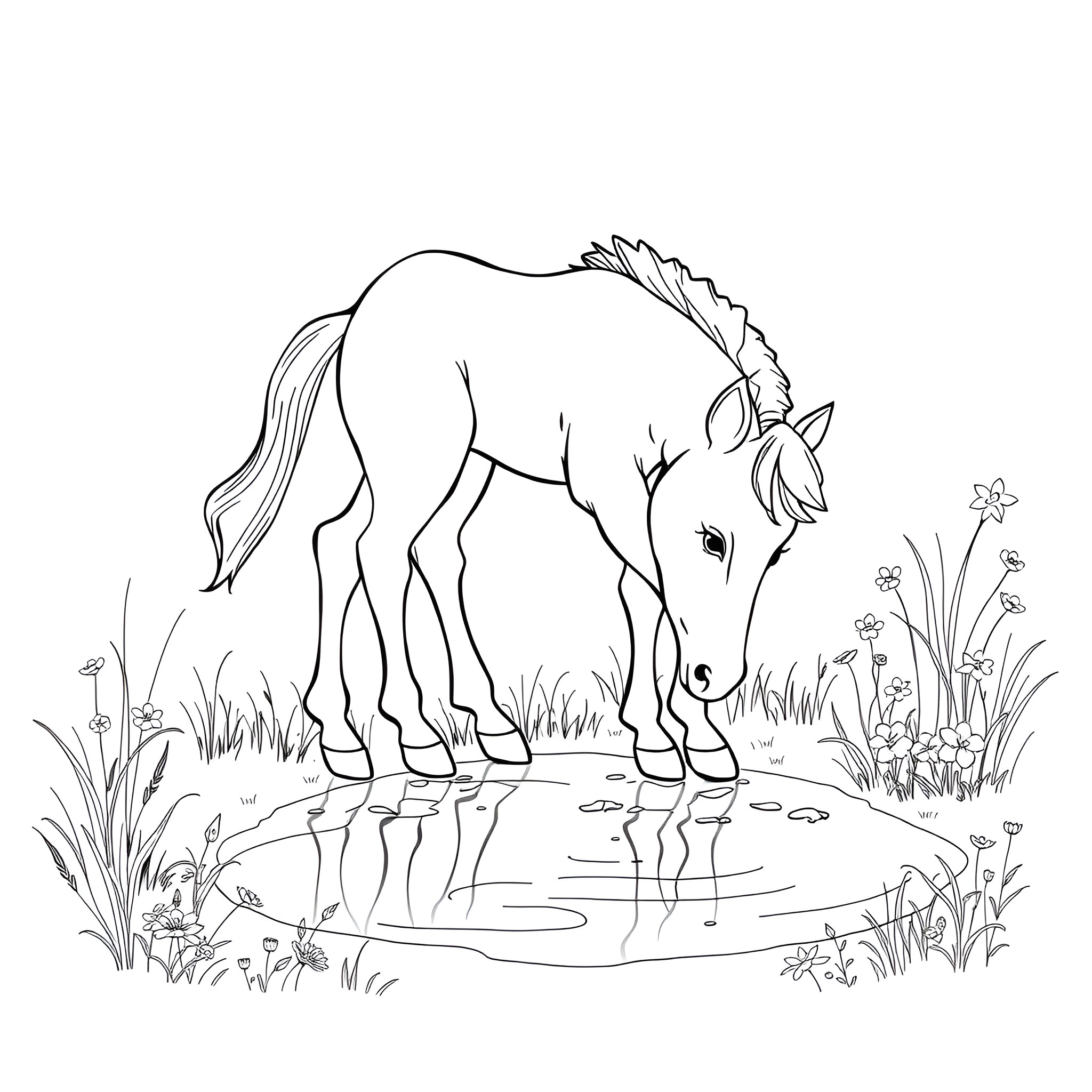 Horse drinking from a pond in natural setting Coloring Page (free black-and-white line drawing printable PDF for all, from beginners to advanced learners, including children, teens, adults, and seniors)