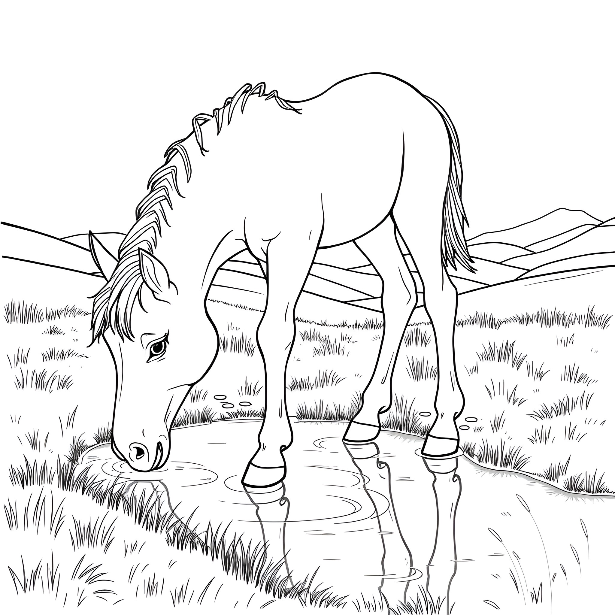 Horse drinking water in the meadow Coloring Page (free black-and-white line drawing printable PDF for all, from beginners to advanced learners, including children, teens, adults, and seniors)