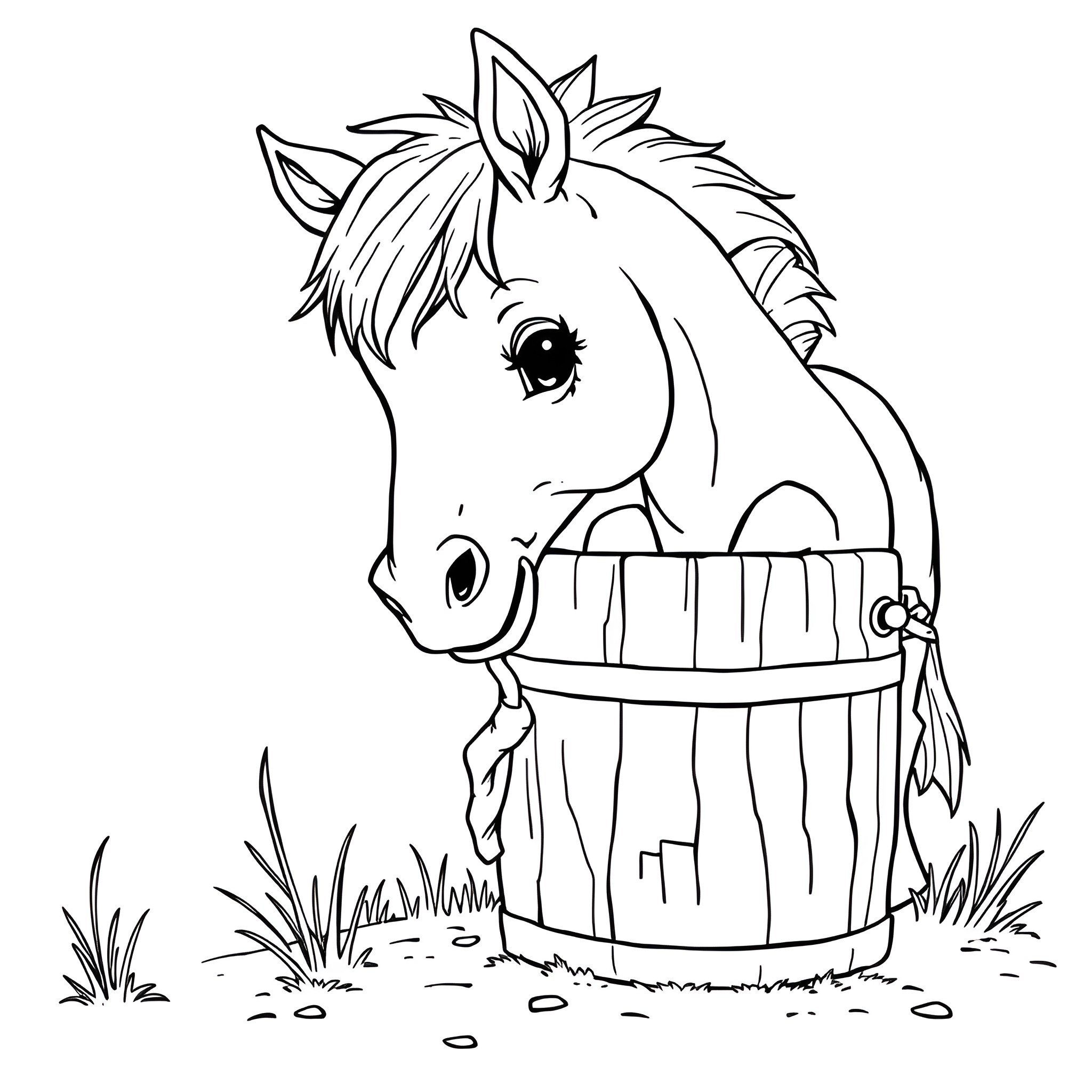 Baby Horse Drinking from a Barrel Coloring Page (free black-and-white line drawing printable PDF for all, from beginners to advanced learners, including children, teens, adults, and seniors)
