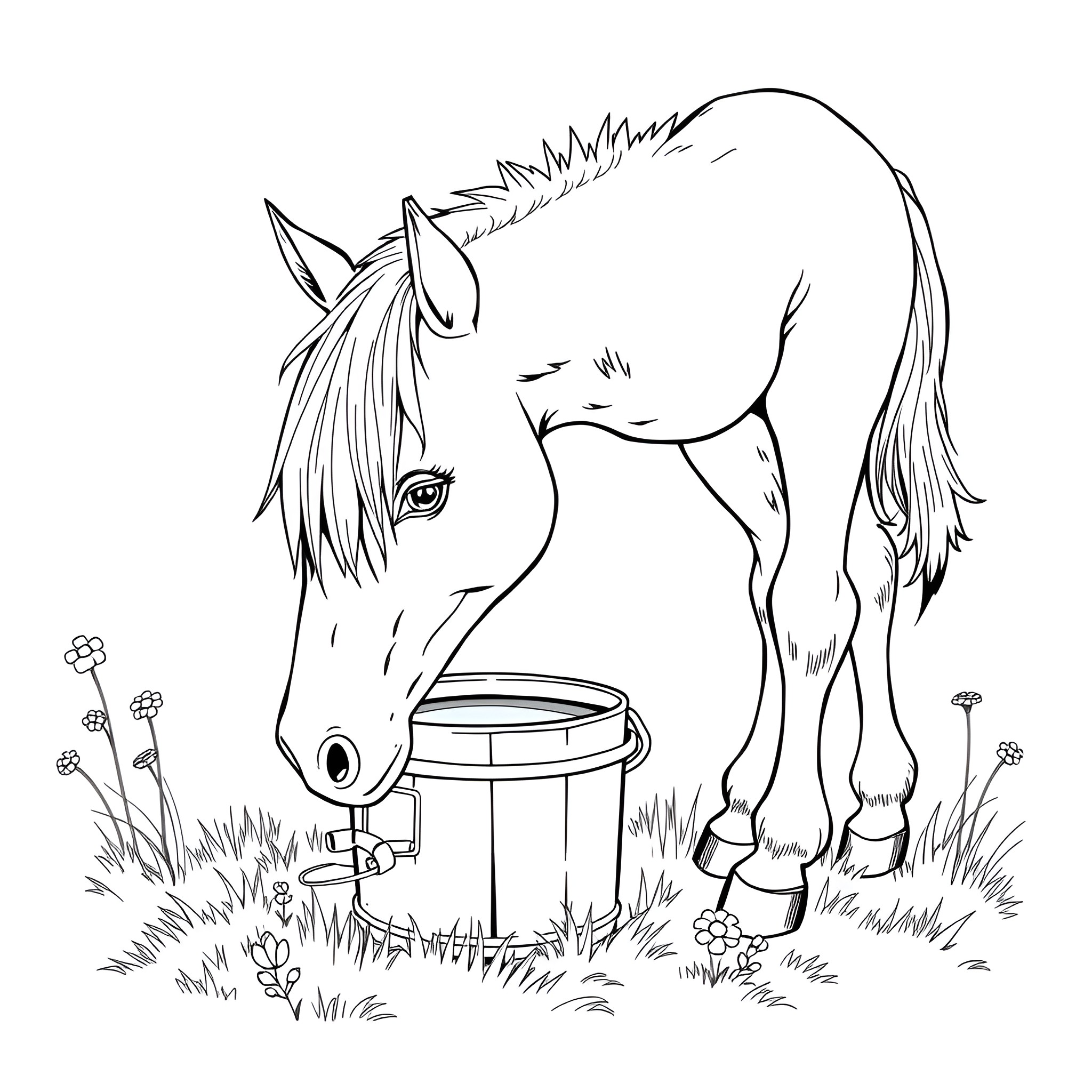 Baby Horse Drinking Water from a Bucket Coloring Page (free black-and-white line drawing printable PDF for all, from beginners to advanced learners, including children, teens, adults, and seniors)