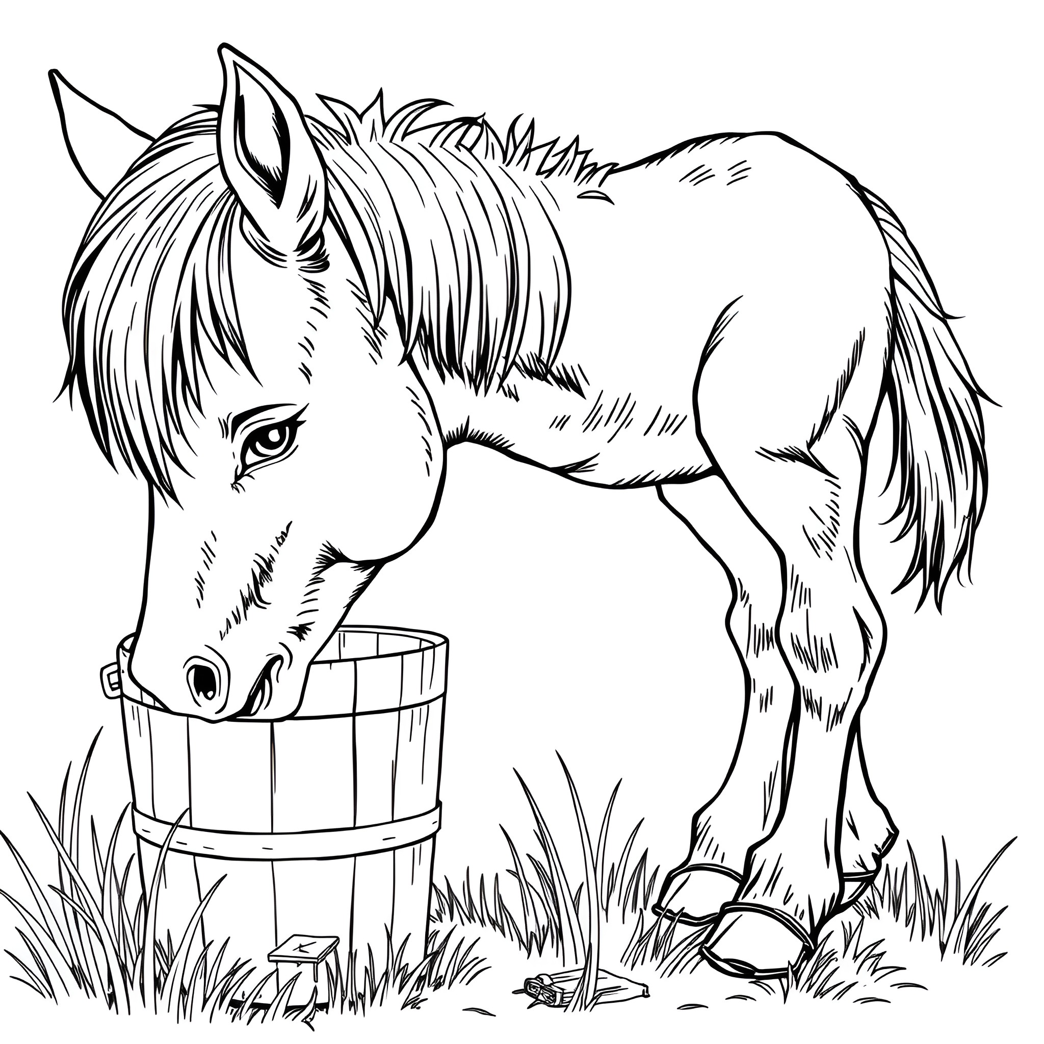 Horse drinking from a bucket in a field Coloring Page (free black-and-white line drawing printable PDF for all, from beginners to advanced learners, including children, teens, adults, and seniors)