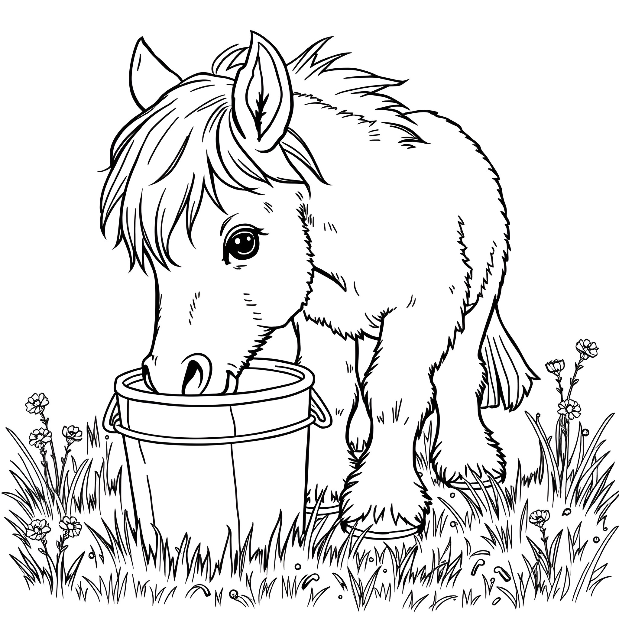 Horse drinking water in the garden Coloring Page (free black-and-white line drawing printable PDF for all, from beginners to advanced learners, including children, teens, adults, and seniors)