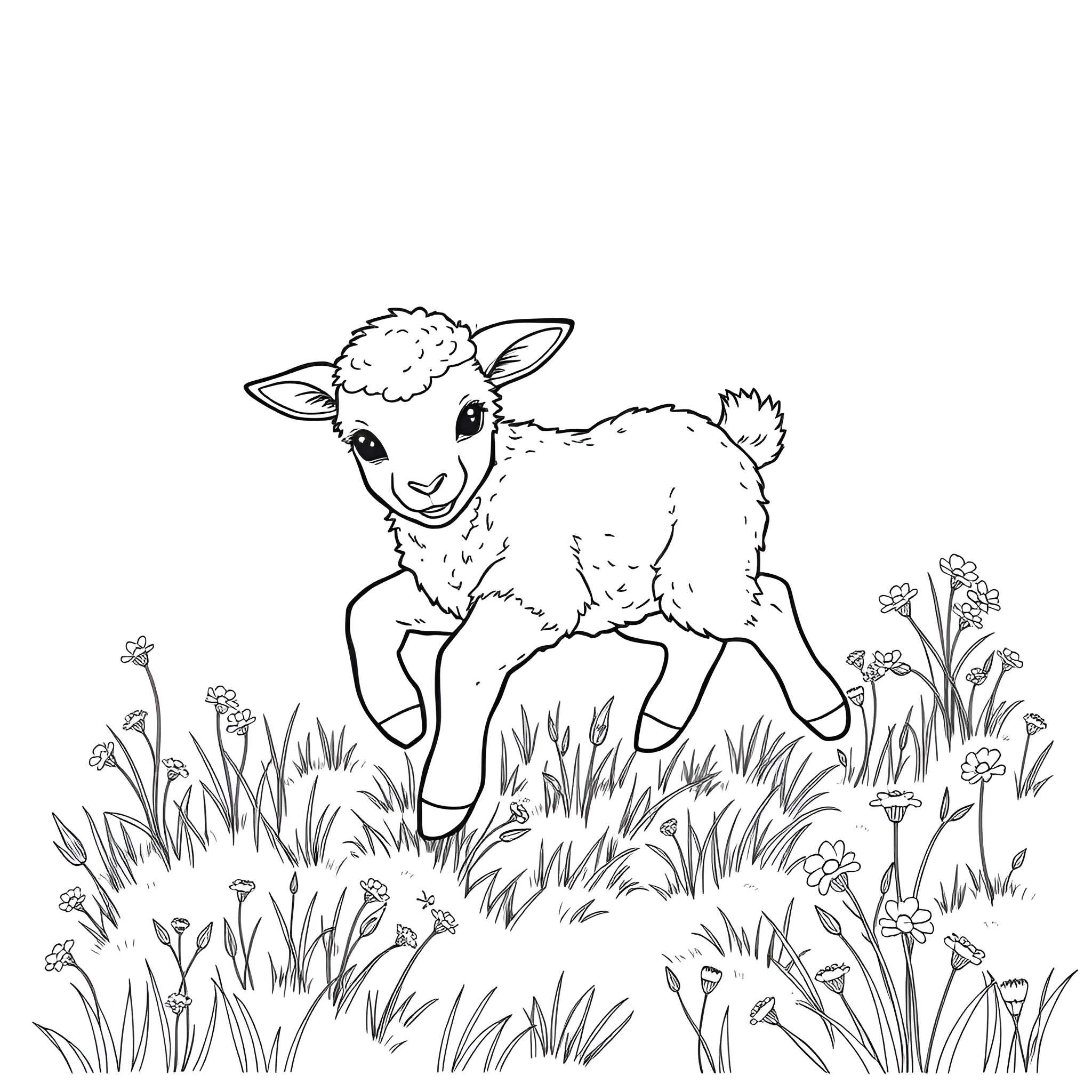 Lamb frolicking in a field of flowers Coloring Page (free black-and-white line drawing printable PDF for all, from beginners to advanced learners, including children, teens, adults, and seniors)