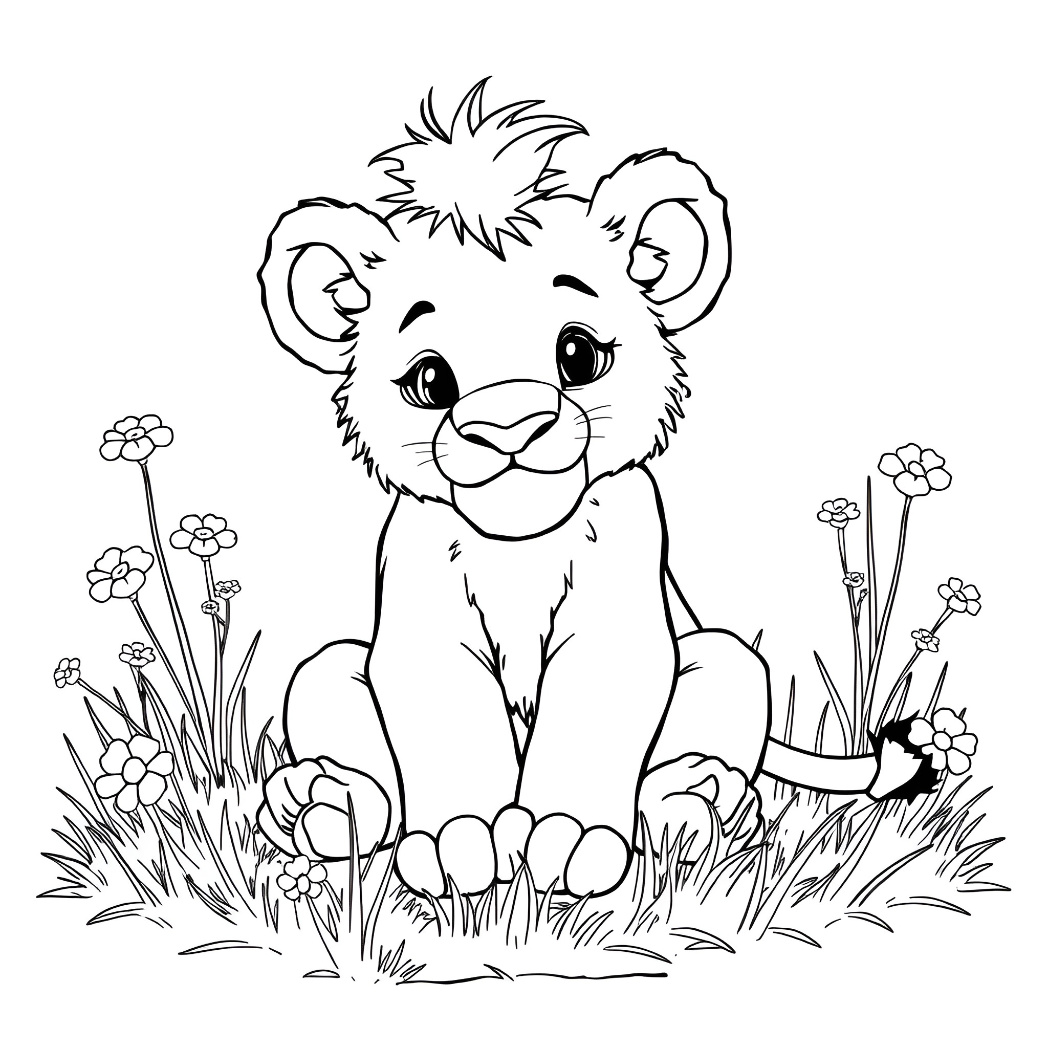Baby Lion playing in the meadow Coloring Page (free black-and-white line drawing printable PDF for all, from beginners to advanced learners, including children, teens, adults, and seniors)