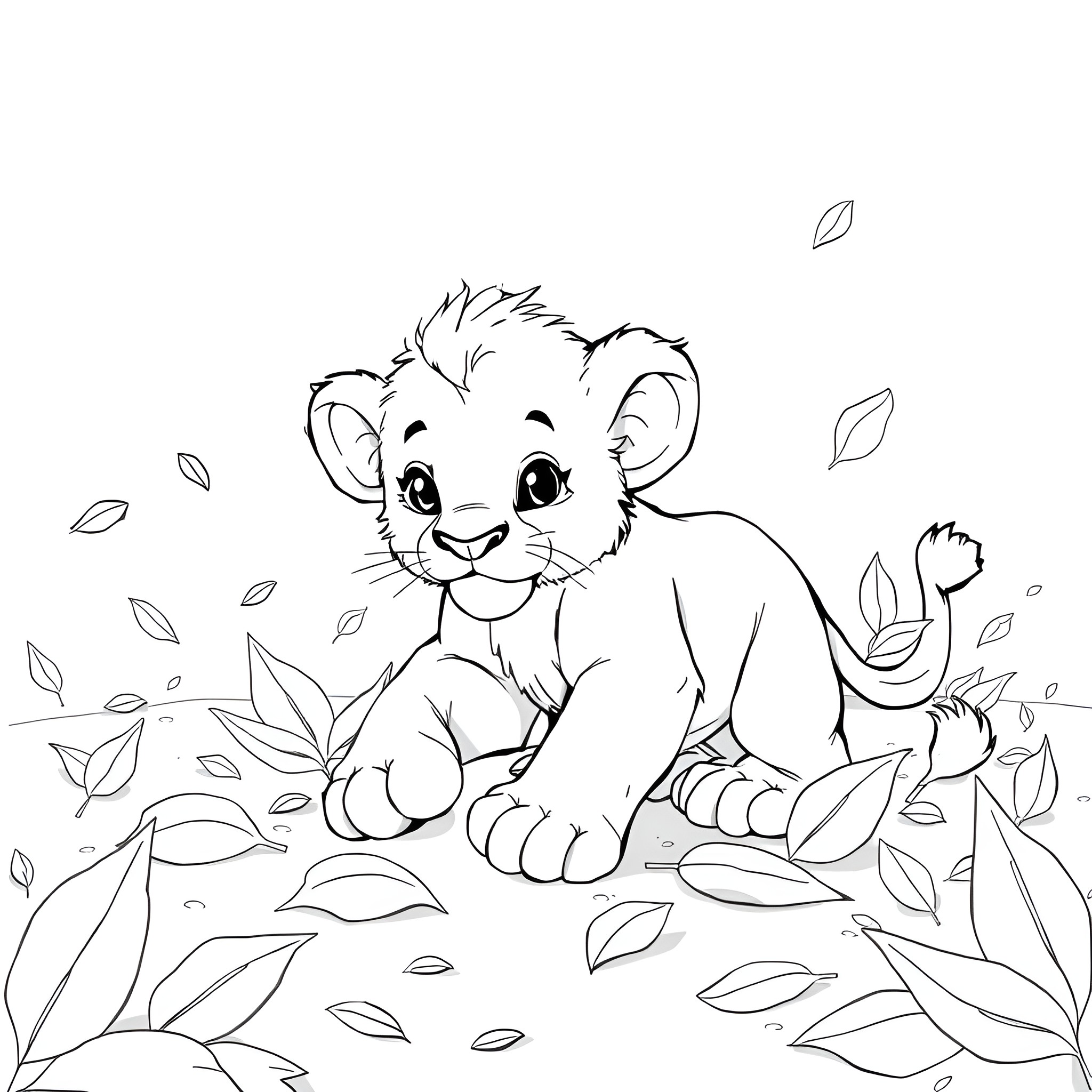 Baby Lion Playing Happily in the Leaves Coloring Page (free black-and-white line drawing printable PDF for all, from beginners to advanced learners, including children, teens, adults, and seniors)