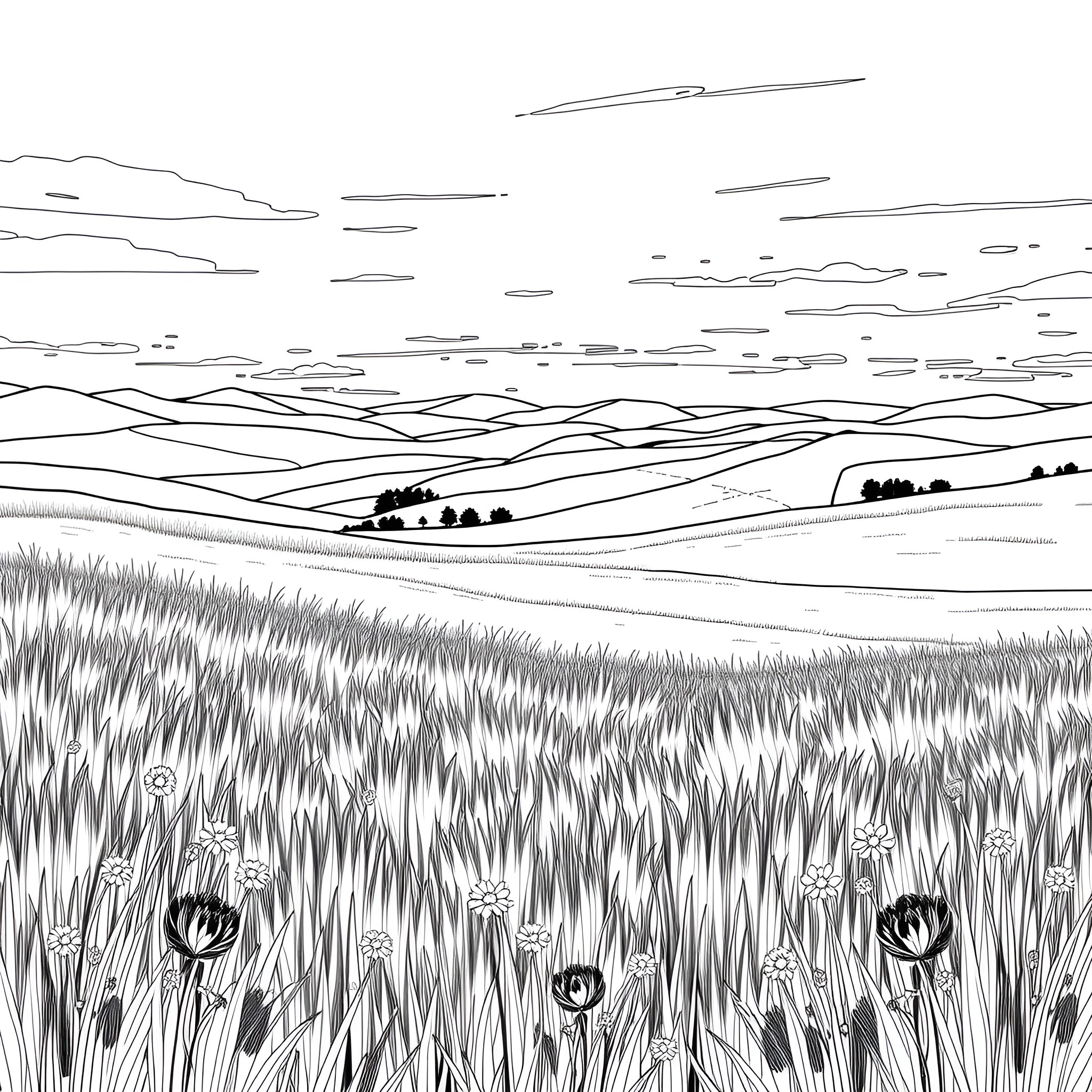 Nature's Serene Landscape with Vibrant Foliage Coloring Page (free black-and-white line drawing printable PDF for all, from beginners to advanced learners, including children, teens, adults, and seniors)