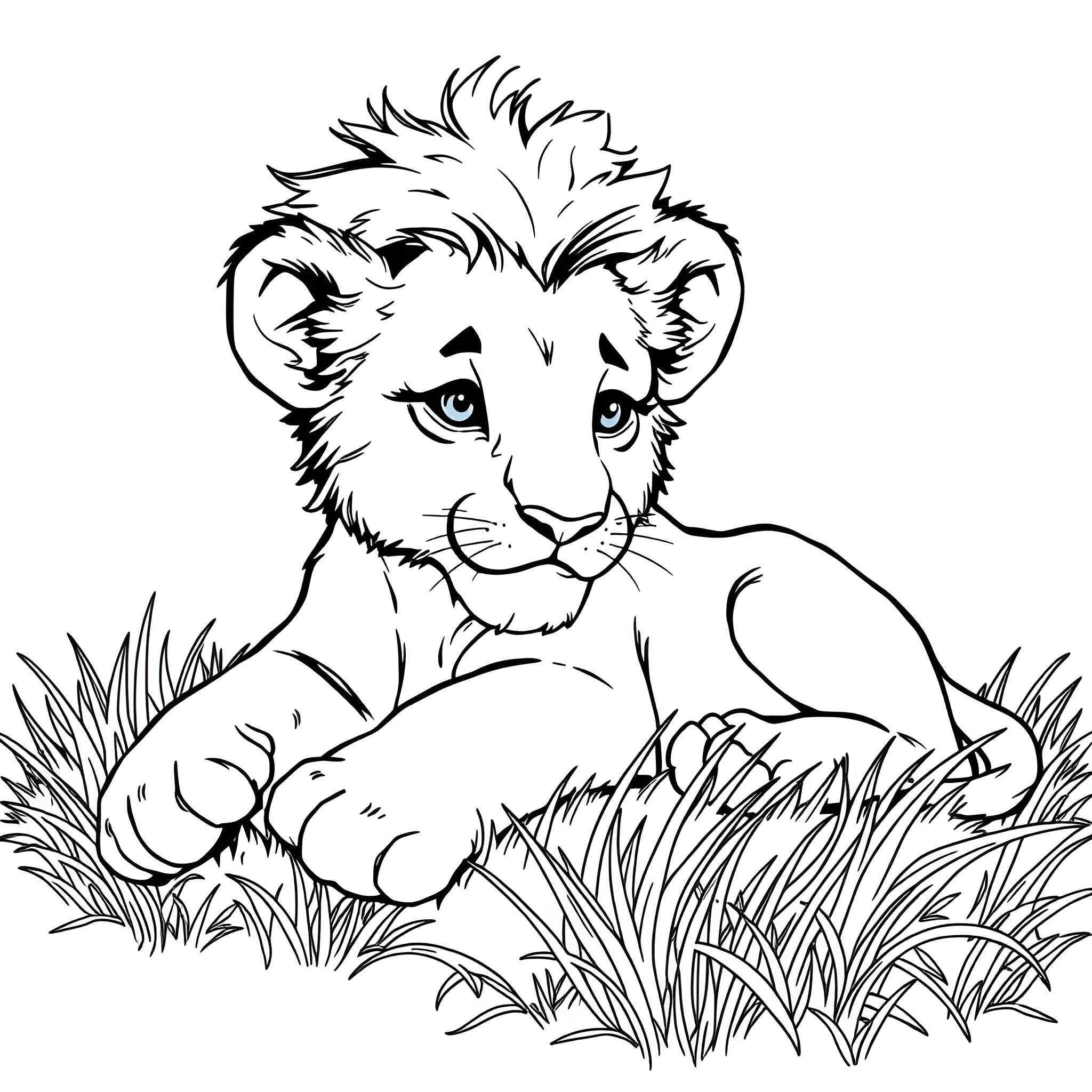 Baby Lion Relaxing in Grassy Field Coloring Page (free black-and-white line drawing printable PDF for all, from beginners to advanced learners, including children, teens, adults, and seniors)