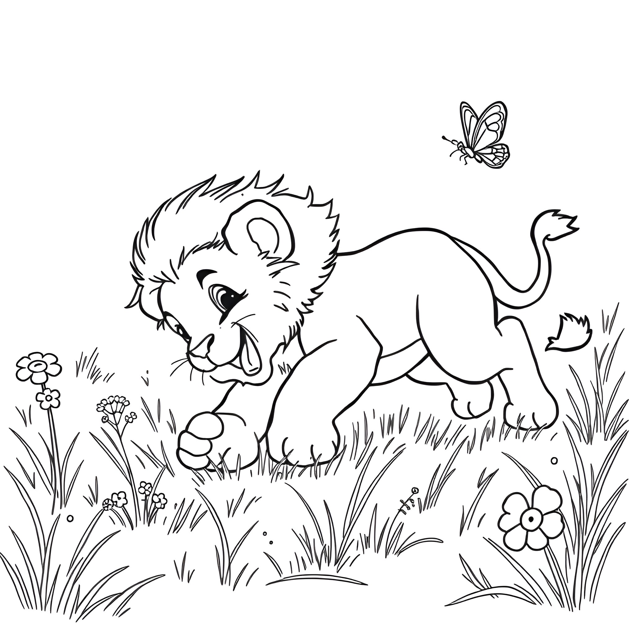 Baby Lion Playing Happily in Flowery Field Coloring Page (free black-and-white line drawing printable PDF for all, from beginners to advanced learners, including children, teens, adults, and seniors)
